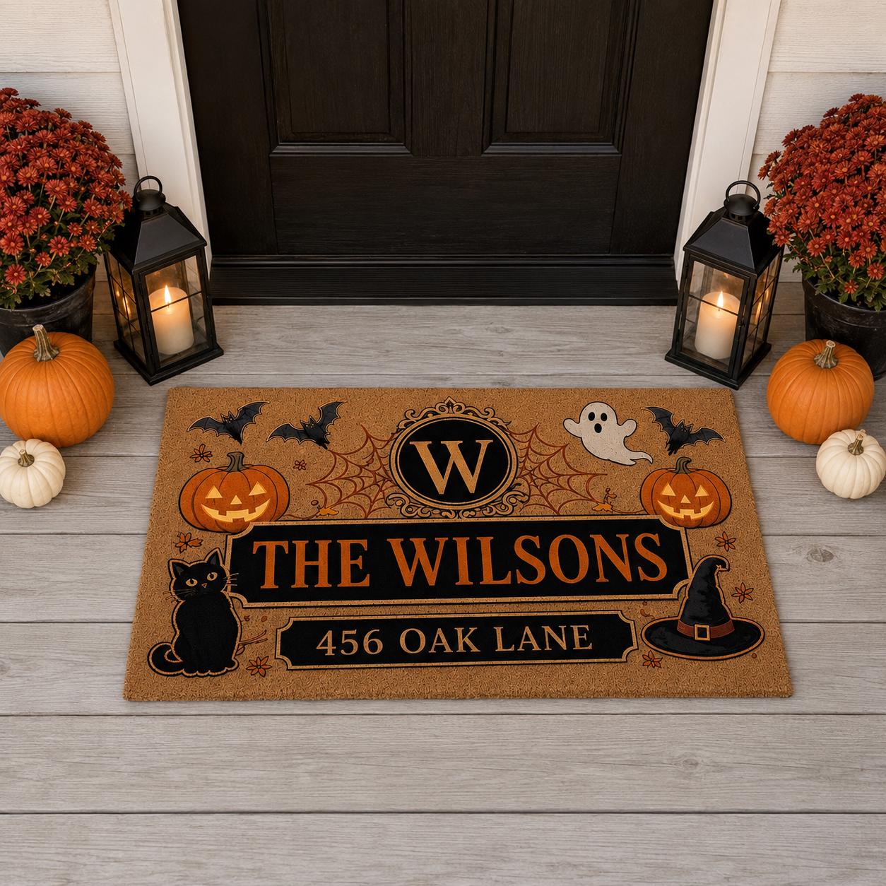 Personalized Custom Family Name Halloween Doormat – Monogram Pumpkin Ghost And Black Cat Spooky Welcome Mat, Front Door Housewarming Gift - photo 5