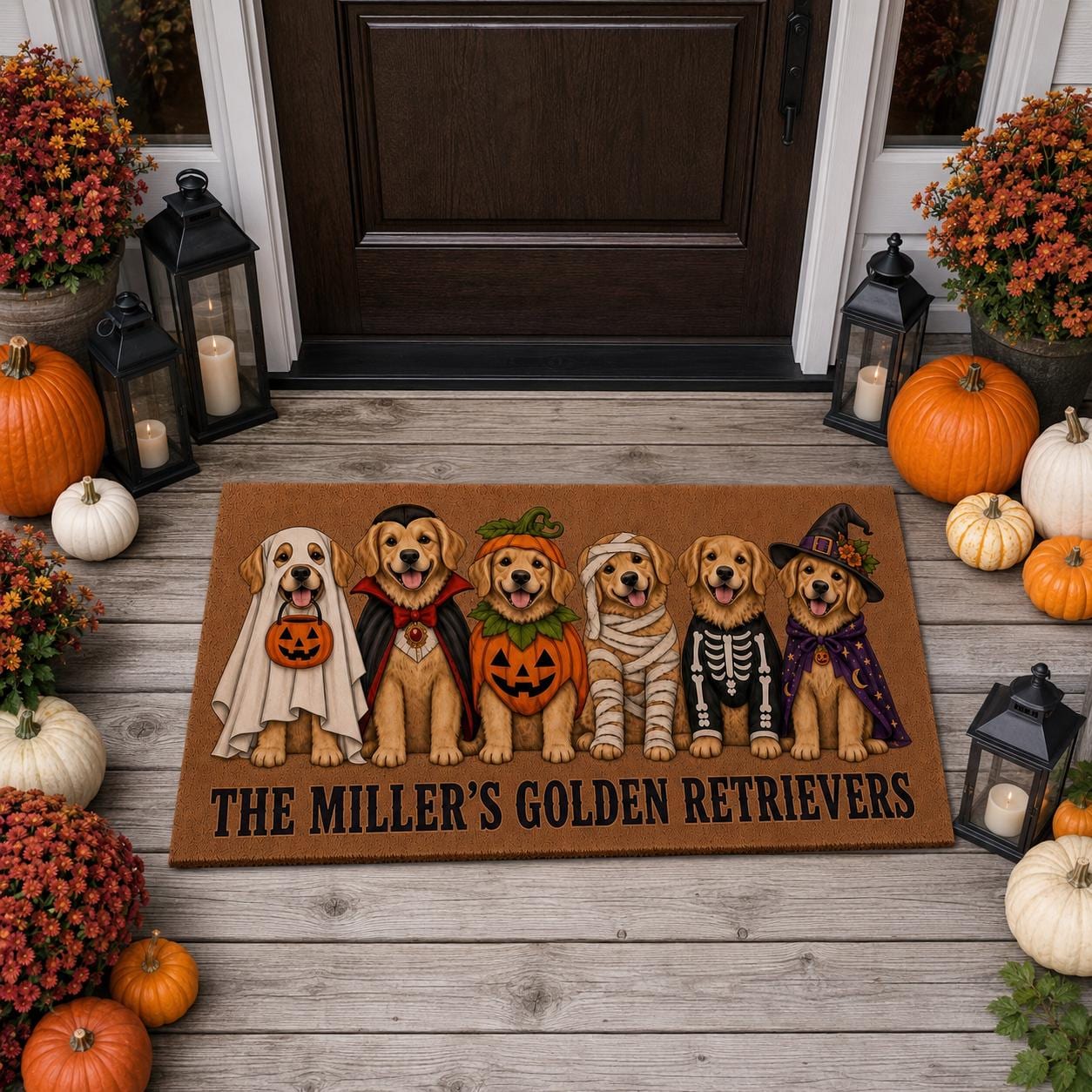 Personalized Golden Retriever Family Name Halloween Doormat – Costume Dogs Welcome Mat, Pet Dog Lover Gift And Front Porch Decor