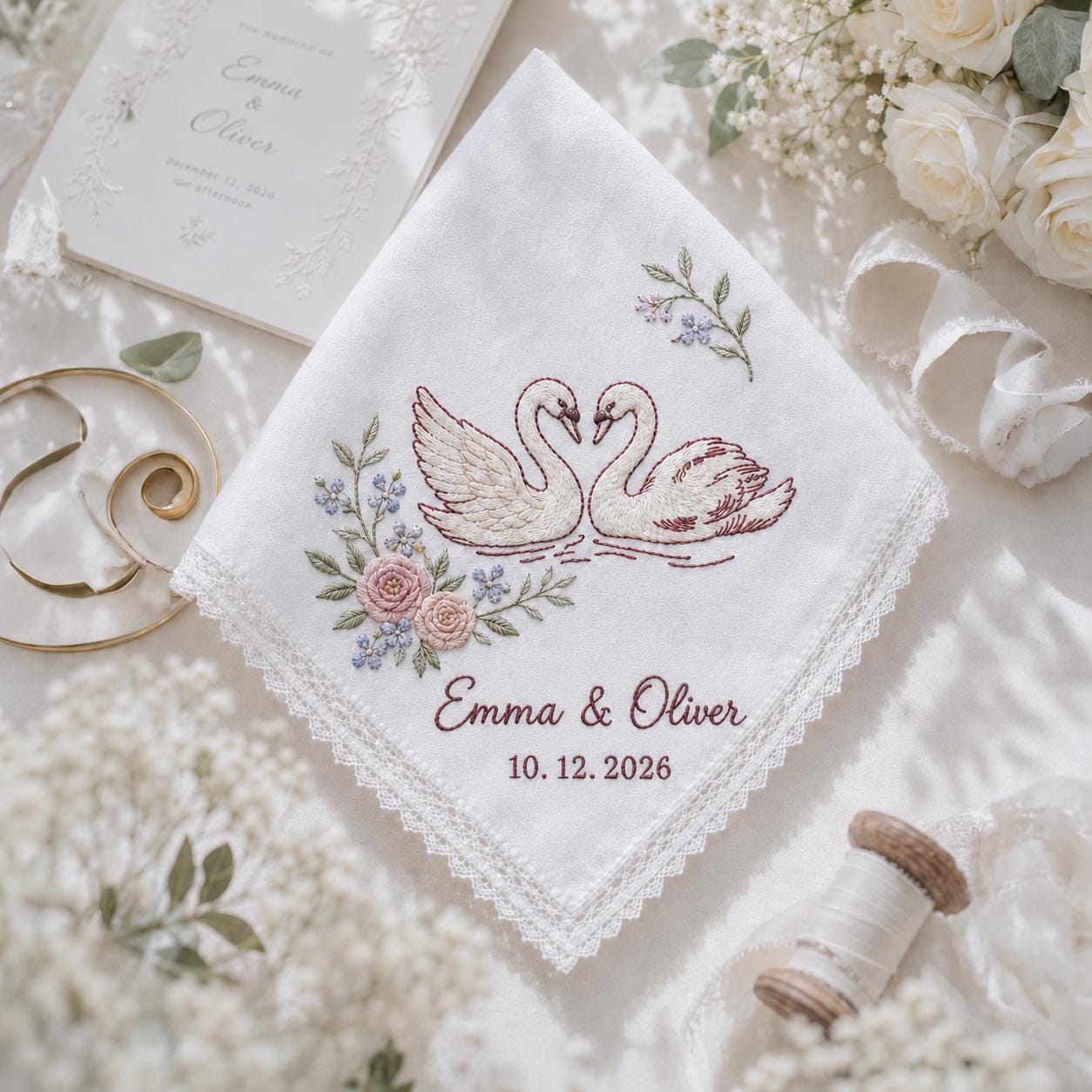 Personalized Embroidery Wedding Handkerchief with Swan Couple Linen Hankie, Custom Name and Date Keepsake, Romantic Bride Wedding Gift