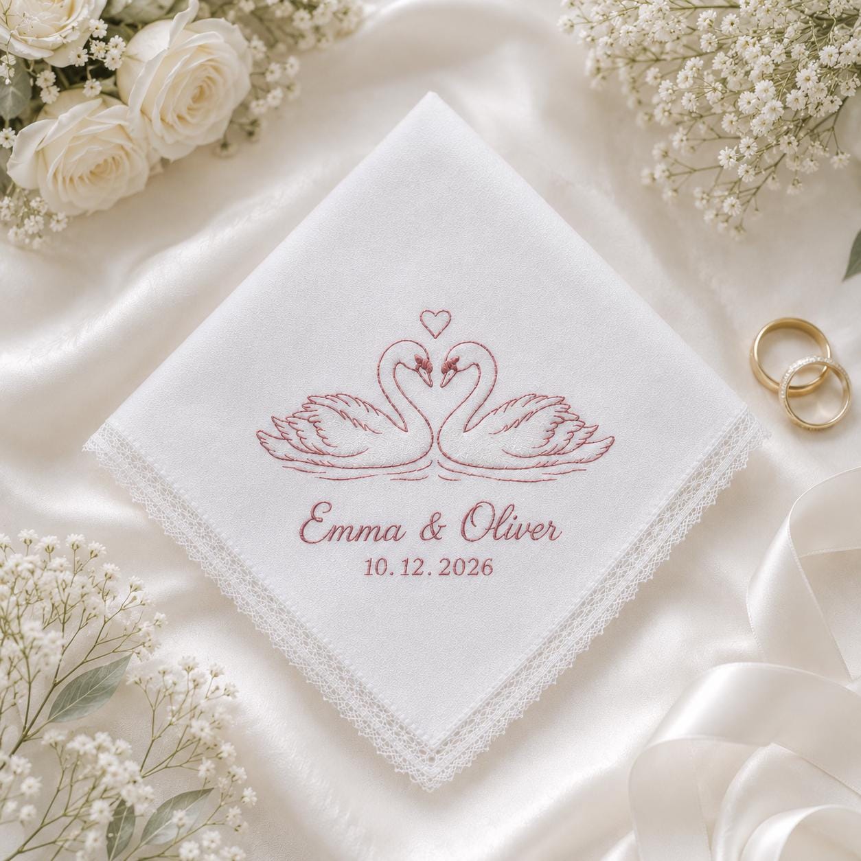 Personalized Embroidery Wedding Handkerchief with Swan Couple Linen Hankie, Custom Name and Date Keepsake, Romantic Bride Wedding Gift - photo 2