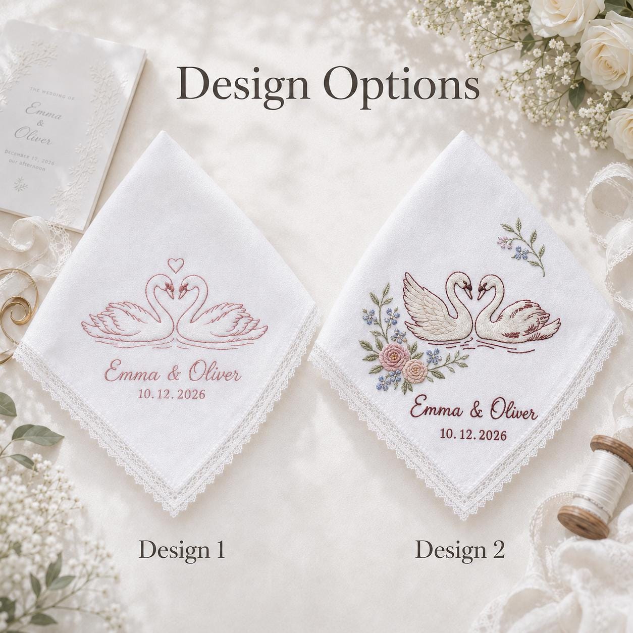 Personalized Embroidery Wedding Handkerchief with Swan Couple Linen Hankie, Custom Name and Date Keepsake, Romantic Bride Wedding Gift - photo 3