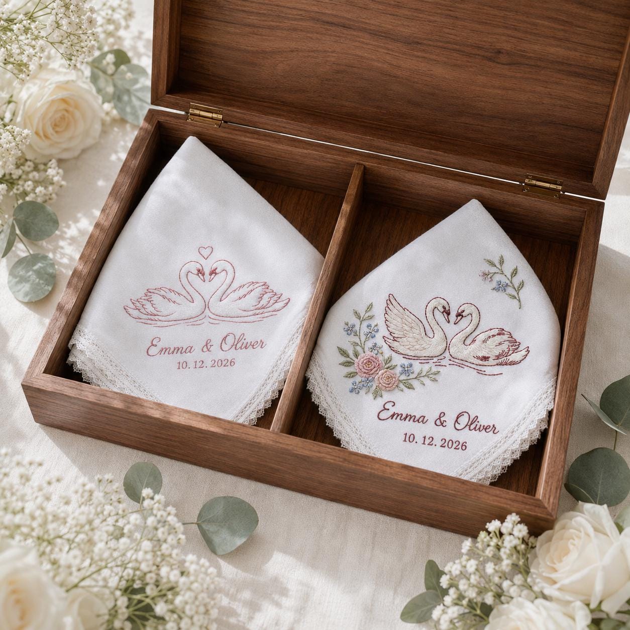 Personalized Embroidery Wedding Handkerchief with Swan Couple Linen Hankie, Custom Name and Date Keepsake, Romantic Bride Wedding Gift - photo 7