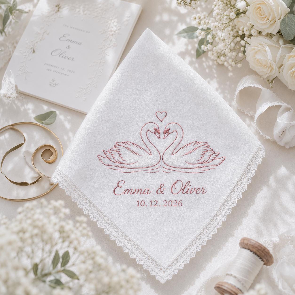 Personalized Embroidery Wedding Handkerchief with Swan Couple Linen Hankie, Custom Name and Date Keepsake, Romantic Bride Wedding Gift - photo 8