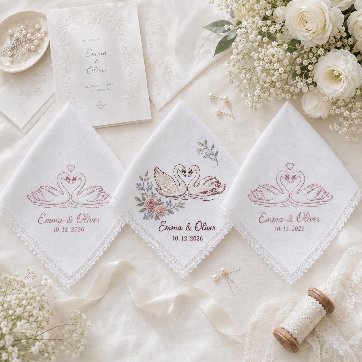 Personalized Embroidery Wedding Handkerchief with Swan Couple Linen Hankie, Custom Name and Date Keepsake, Romantic Bride Wedding Gift - photo 10