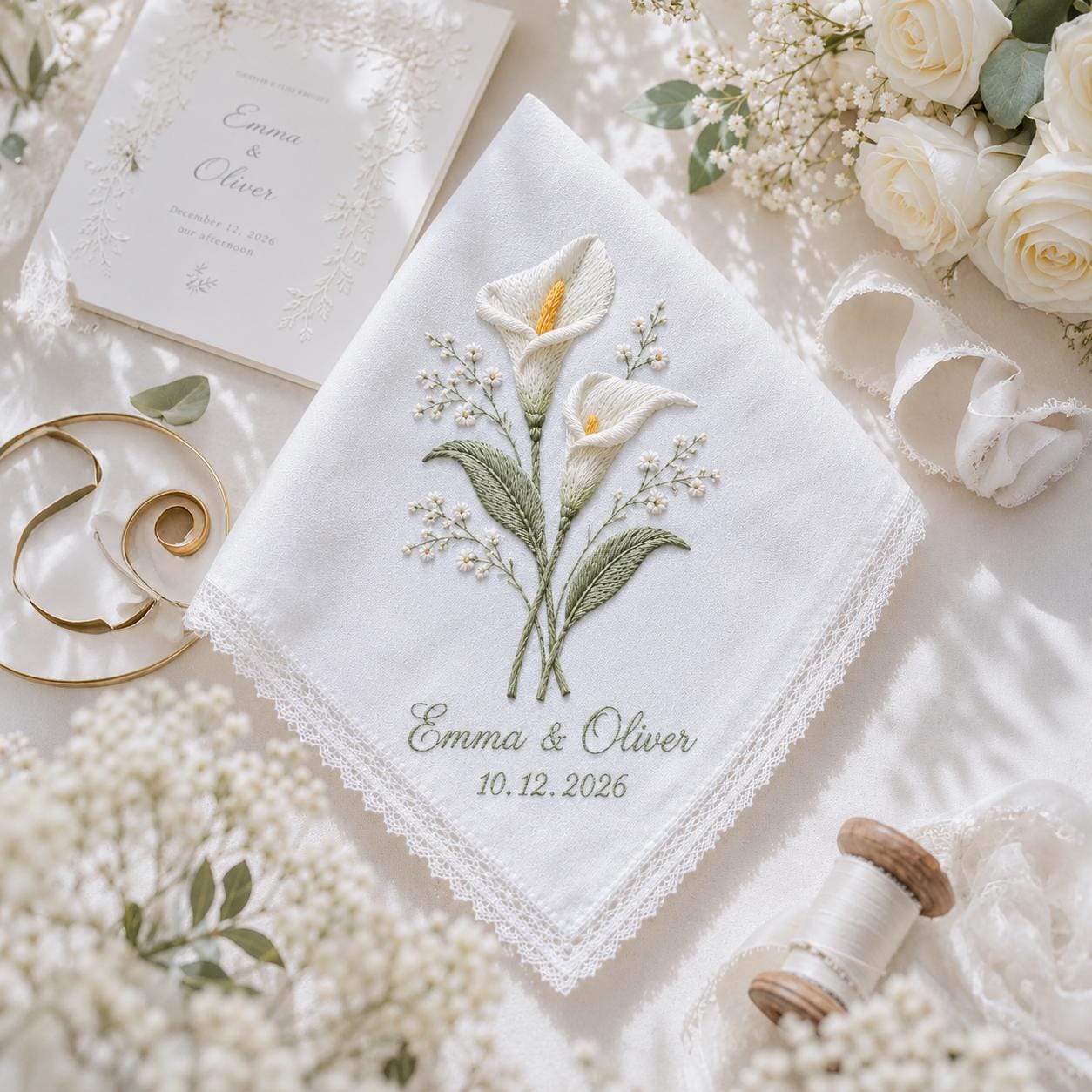 Personalized Embroidery Wedding Handkerchief with Calla Lily Linen Hankie, Custom Name and Date Keepsake, Elegant Bride Wedding Gift