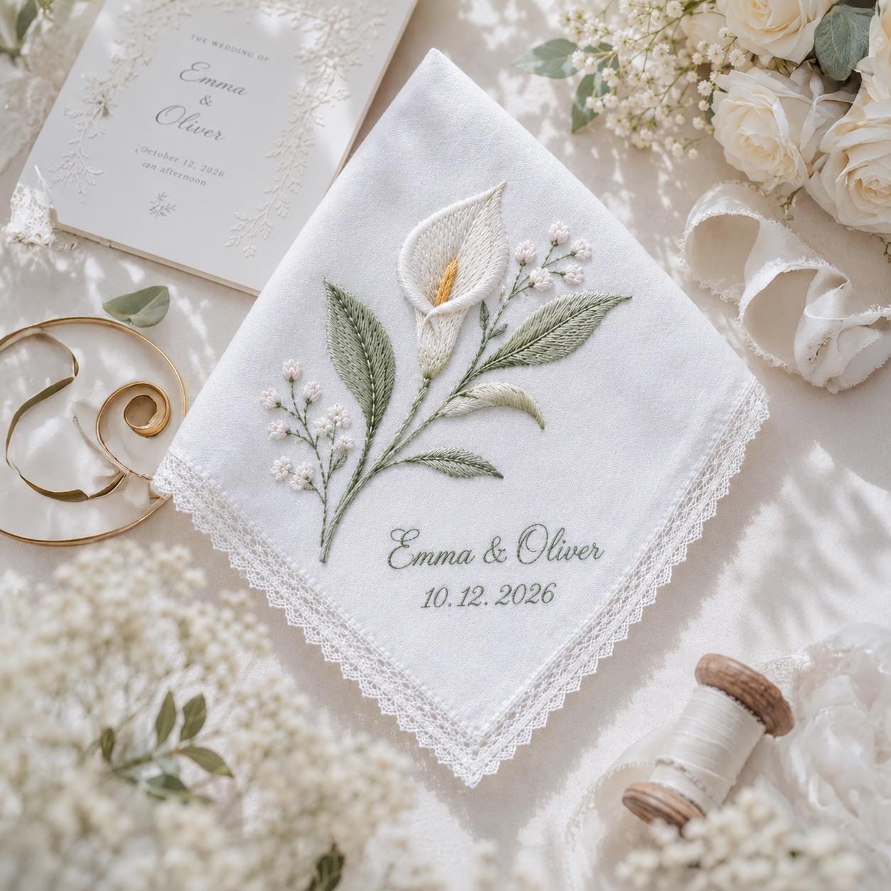 Personalized Embroidery Wedding Handkerchief with Calla Lily Linen Hankie, Custom Name and Date Keepsake, Elegant Bride Wedding Gift - photo 2
