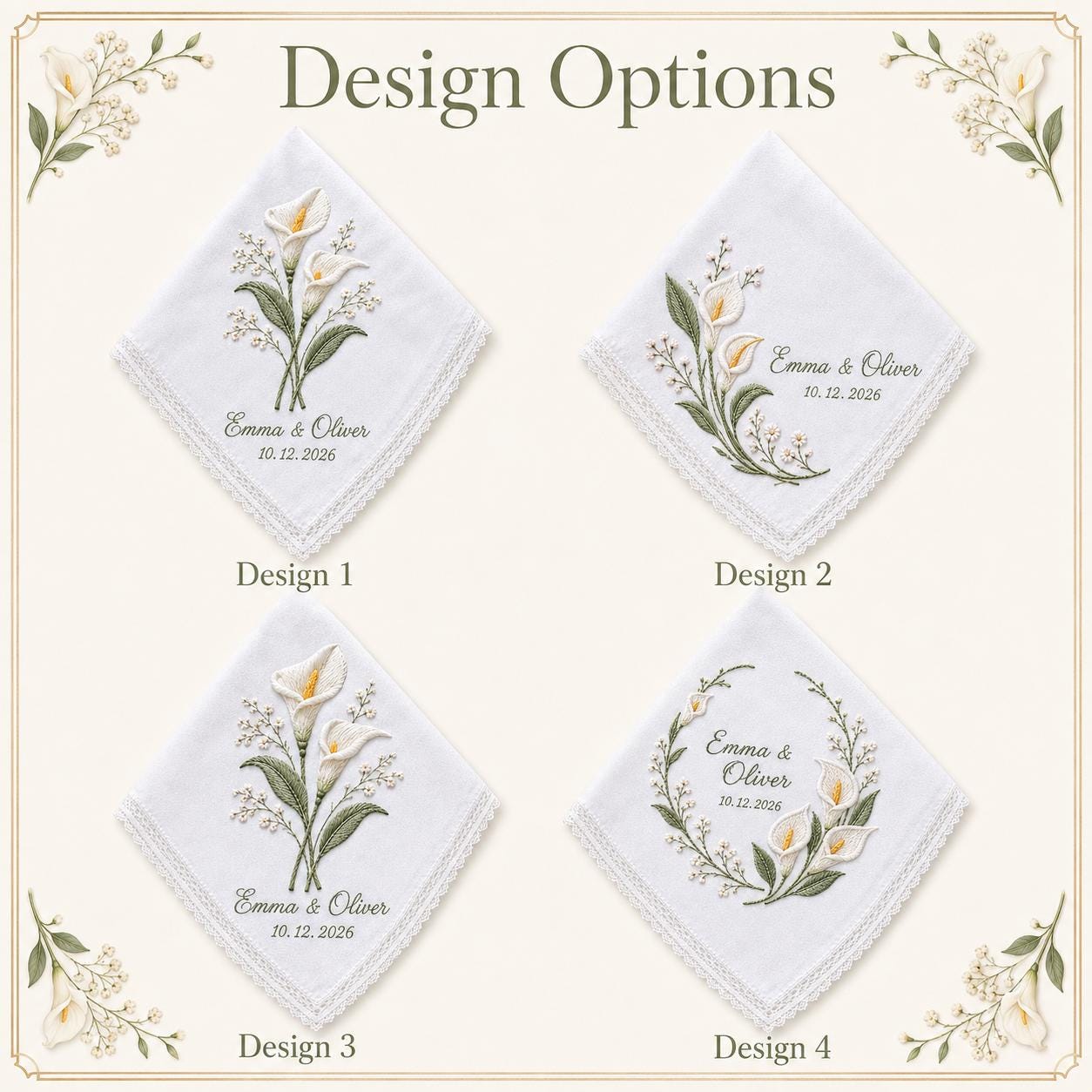 Personalized Embroidery Wedding Handkerchief with Calla Lily Linen Hankie, Custom Name and Date Keepsake, Elegant Bride Wedding Gift - photo 3