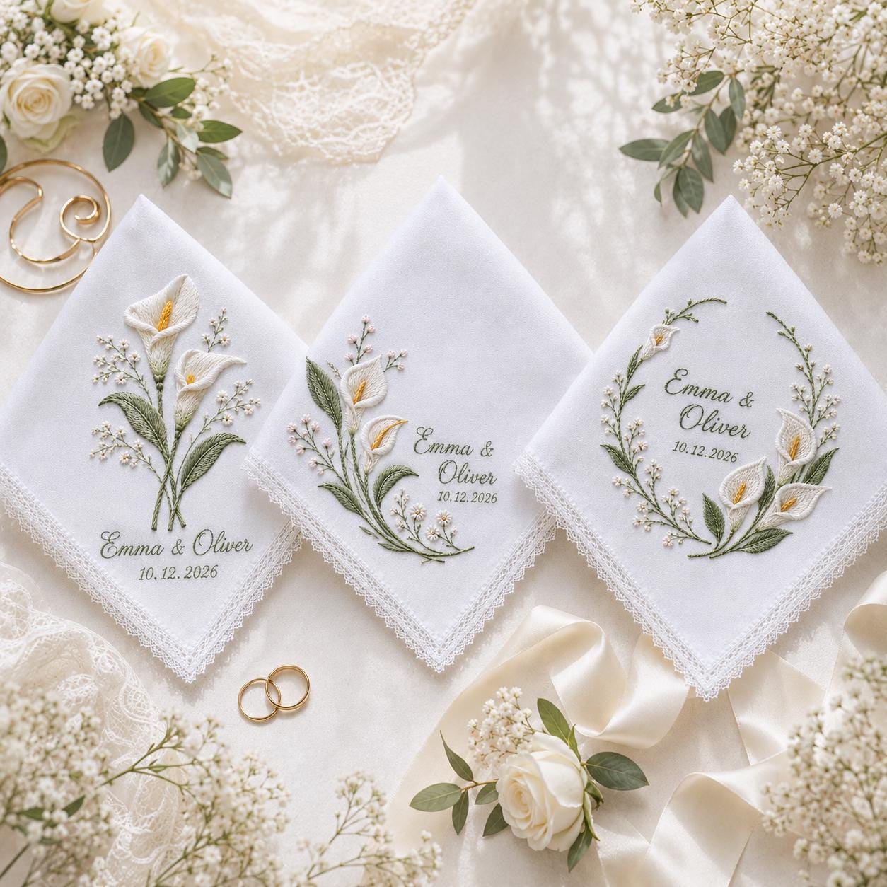 Personalized Embroidery Wedding Handkerchief with Calla Lily Linen Hankie, Custom Name and Date Keepsake, Elegant Bride Wedding Gift - photo 7