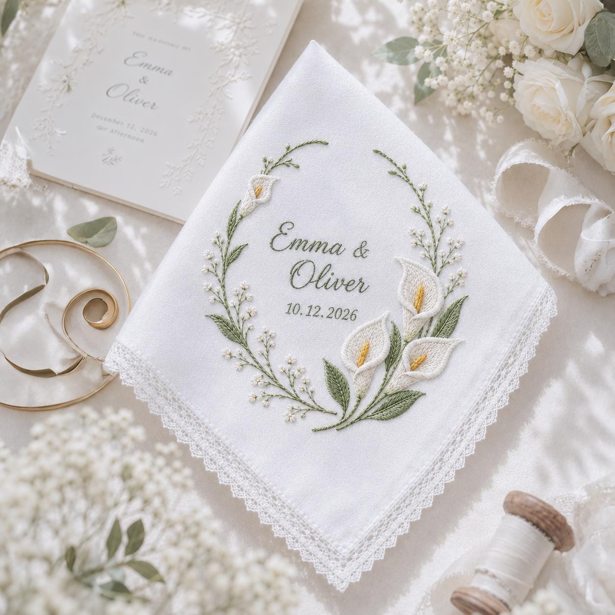 Personalized Embroidery Wedding Handkerchief with Calla Lily Linen Hankie, Custom Name and Date Keepsake, Elegant Bride Wedding Gift - photo 9