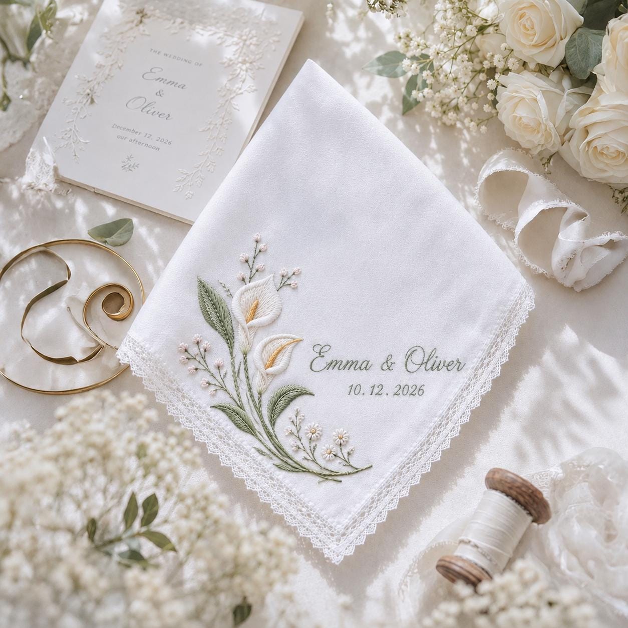 Personalized Embroidery Wedding Handkerchief with Calla Lily Linen Hankie, Custom Name and Date Keepsake, Elegant Bride Wedding Gift - photo 10