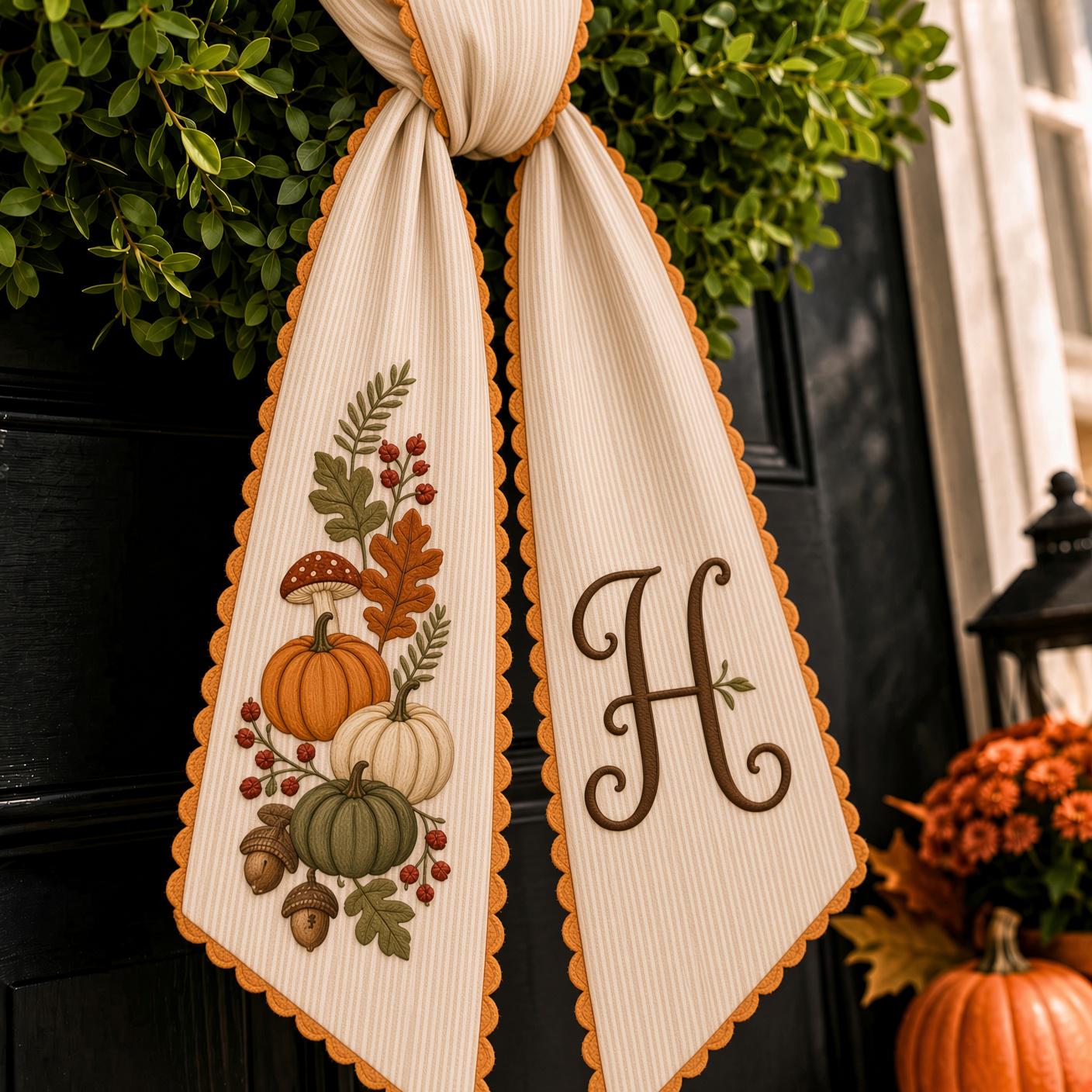 Personalized Embroidered Fall Pumpkin Monogram Wreath Sash โ Mushroom Acorn Autumn Front Door Decor, Thanksgiving Housewarming Bow Gift