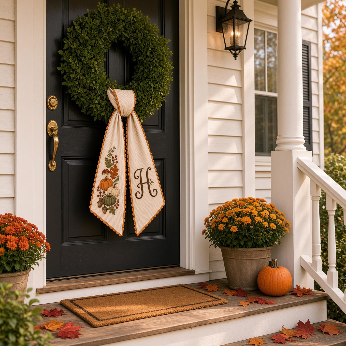 Personalized Embroidered Fall Pumpkin Monogram Wreath Sash – Mushroom Acorn Autumn Front Door Decor, Thanksgiving Housewarming Bow Gift - photo 2
