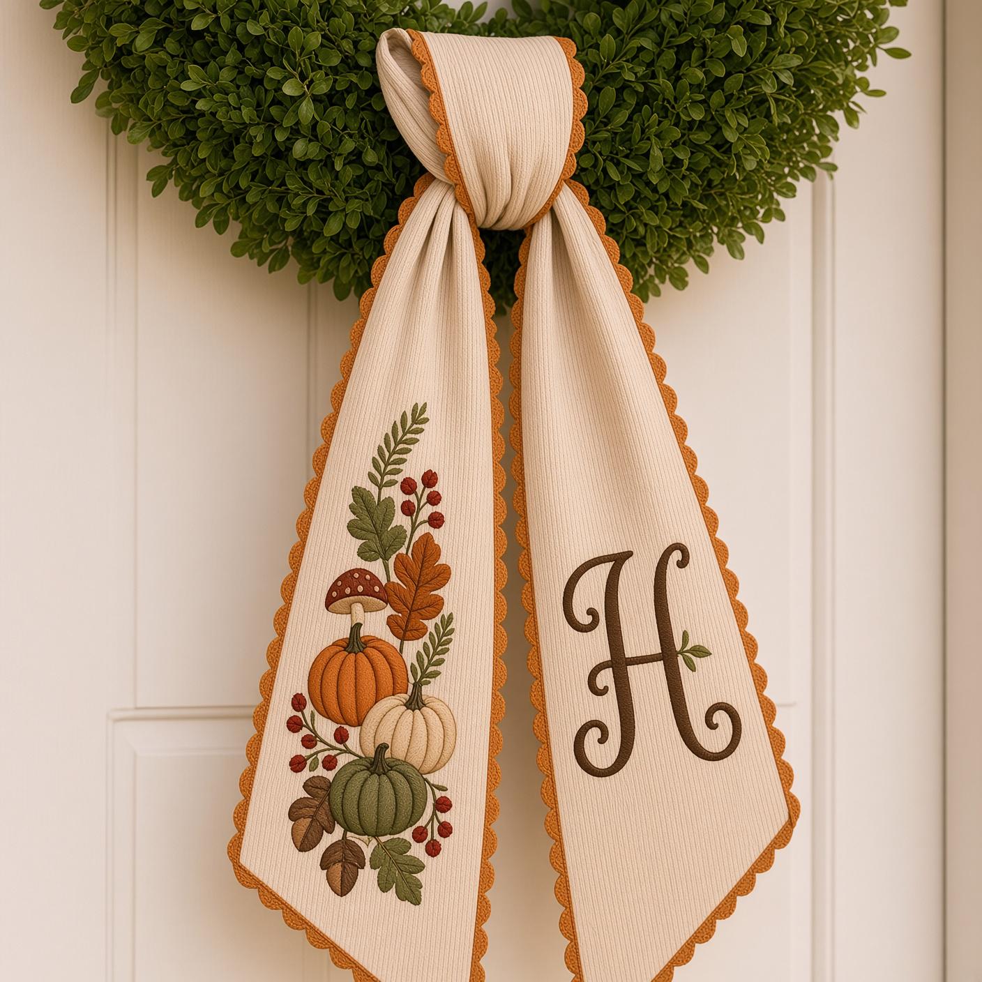 Personalized Embroidered Fall Pumpkin Monogram Wreath Sash – Mushroom Acorn Autumn Front Door Decor, Thanksgiving Housewarming Bow Gift - photo 3