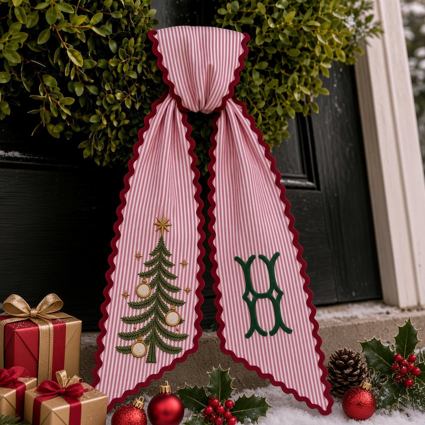 Personalized Embroidered Christmas Tree Monogram Wreath Sash – Vintage Holiday Front Door Bow Decor And Custom Family Gift