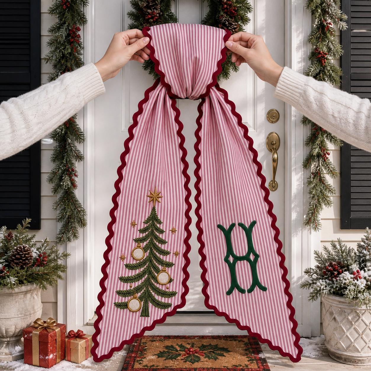 Personalized Embroidered Christmas Tree Monogram Wreath Sash – Vintage Holiday Front Door Bow Decor And Custom Family Gift - photo 3