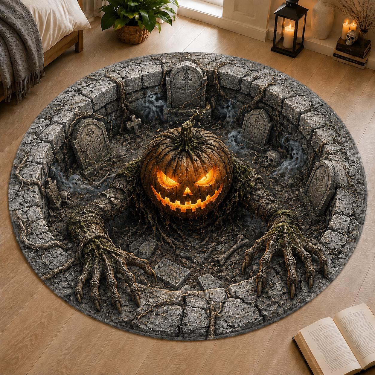Creepy Pumpkin Graveyard Halloween Round Rug – 3D Illusion Quilted Haunted Pit Floor Mat And Home Decor