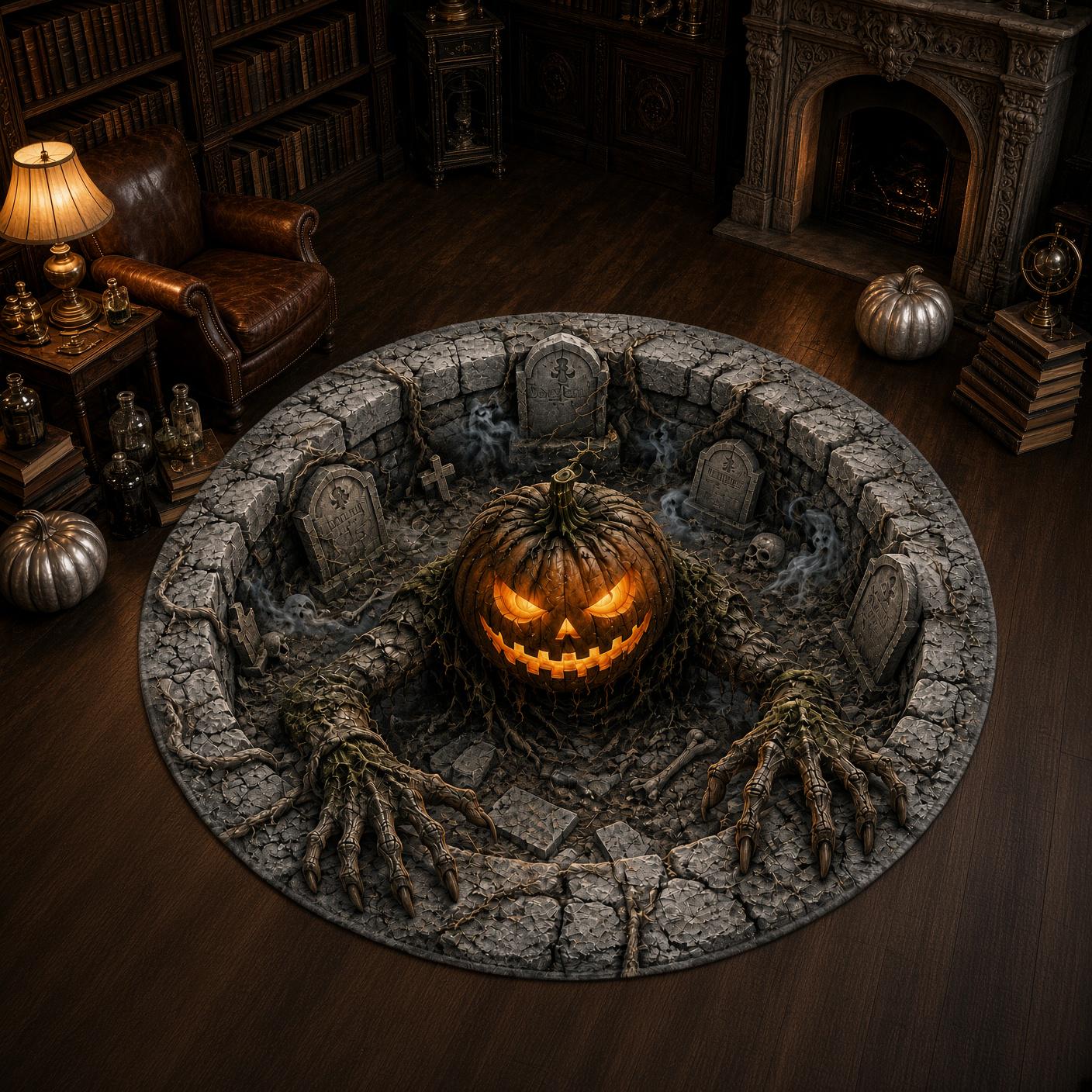 Creepy Pumpkin Graveyard Halloween Round Rug – 3D Illusion Quilted Haunted Pit Floor Mat And Home Decor - photo 2