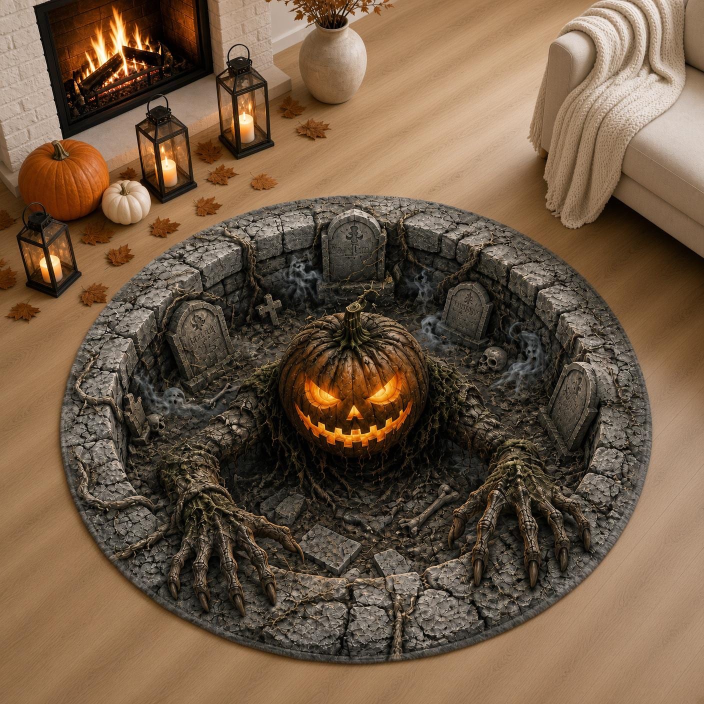 Creepy Pumpkin Graveyard Halloween Round Rug – 3D Illusion Quilted Haunted Pit Floor Mat And Home Decor - photo 4