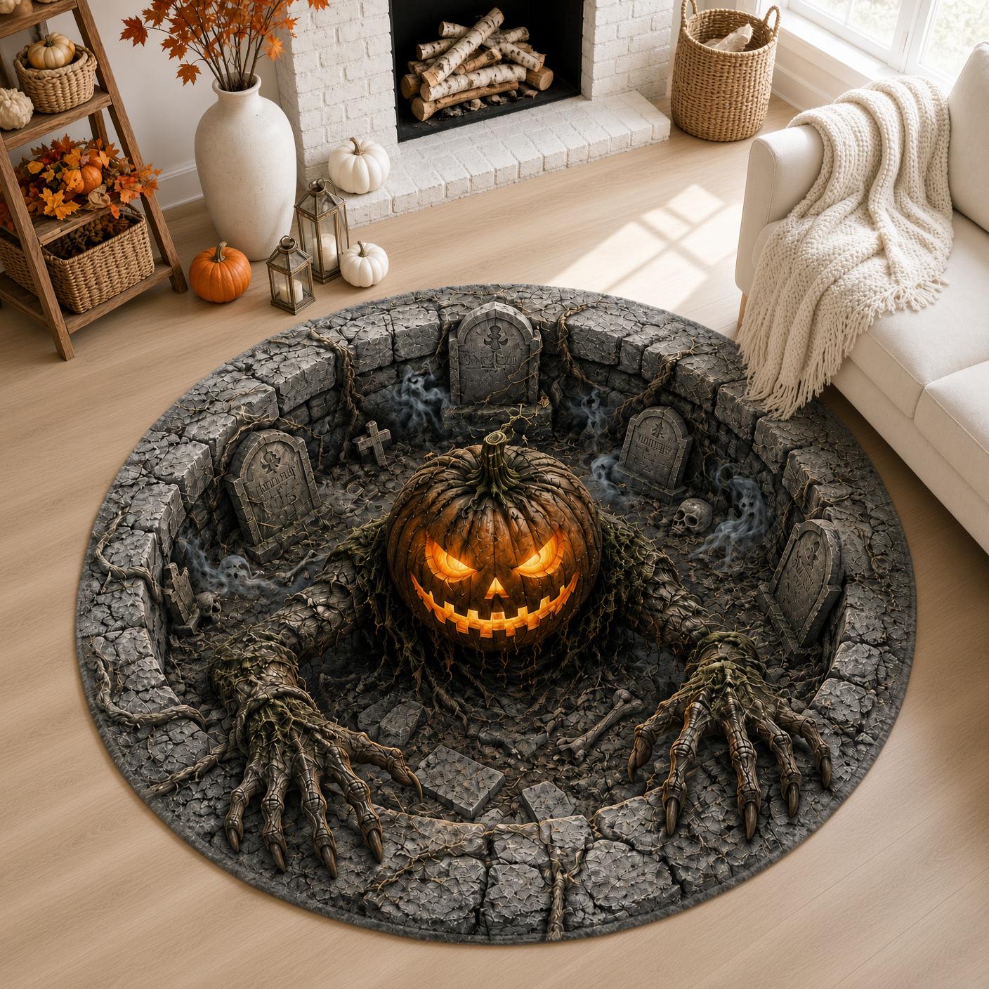 Creepy Pumpkin Graveyard Halloween Round Rug – 3D Illusion Quilted Haunted Pit Floor Mat And Home Decor - photo 5