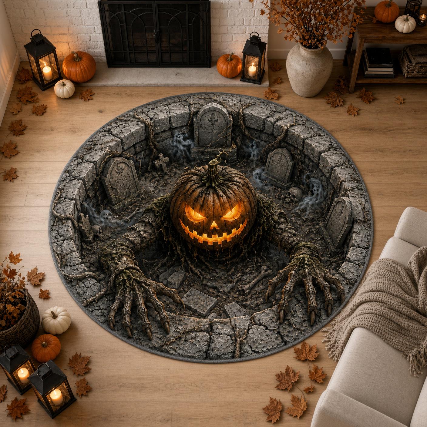 Creepy Pumpkin Graveyard Halloween Round Rug – 3D Illusion Quilted Haunted Pit Floor Mat And Home Decor - photo 6
