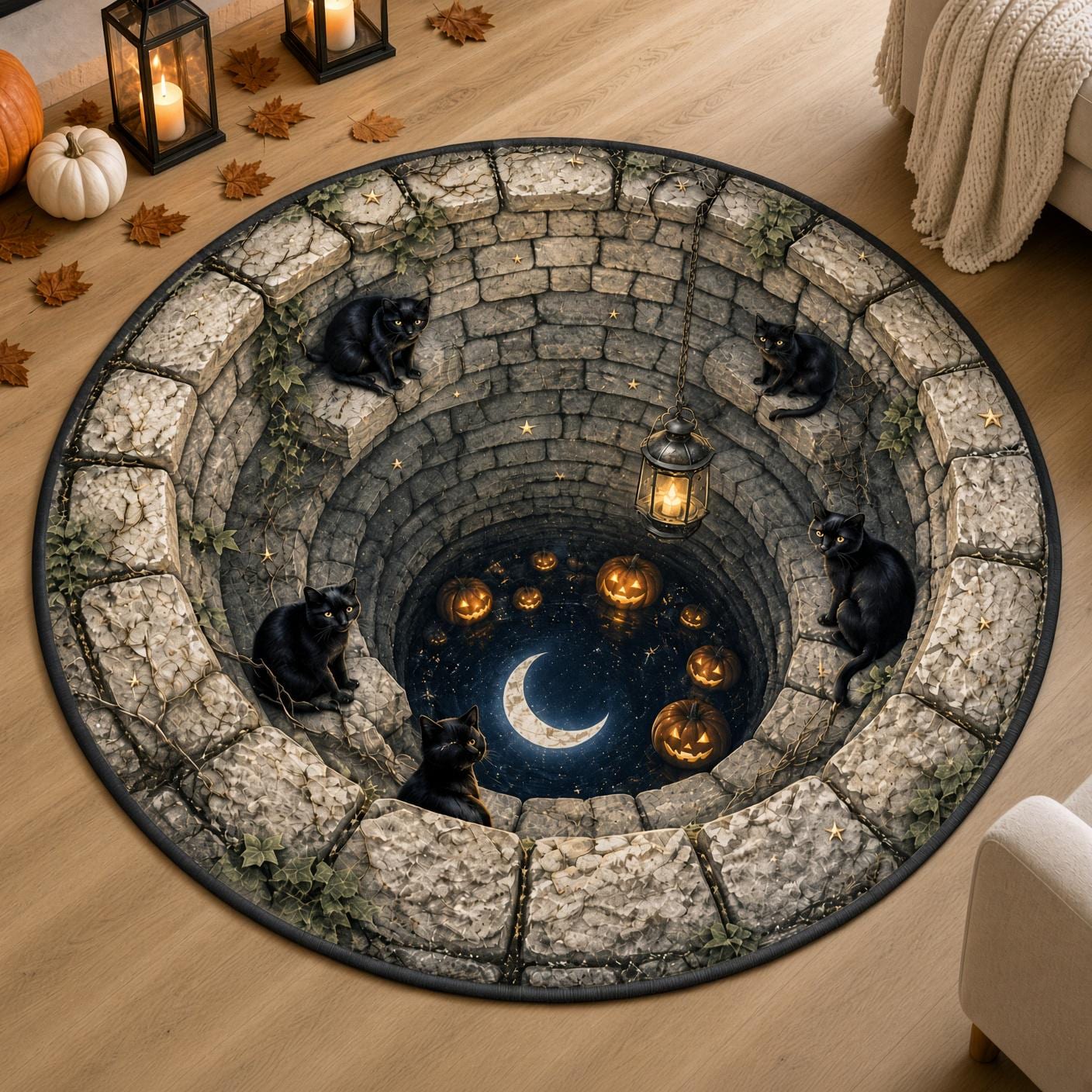 Spooky Witchy Black Cat Halloween Round Rug – 3D Illusion Quilted Moon Well Floor Mat And Home Decor