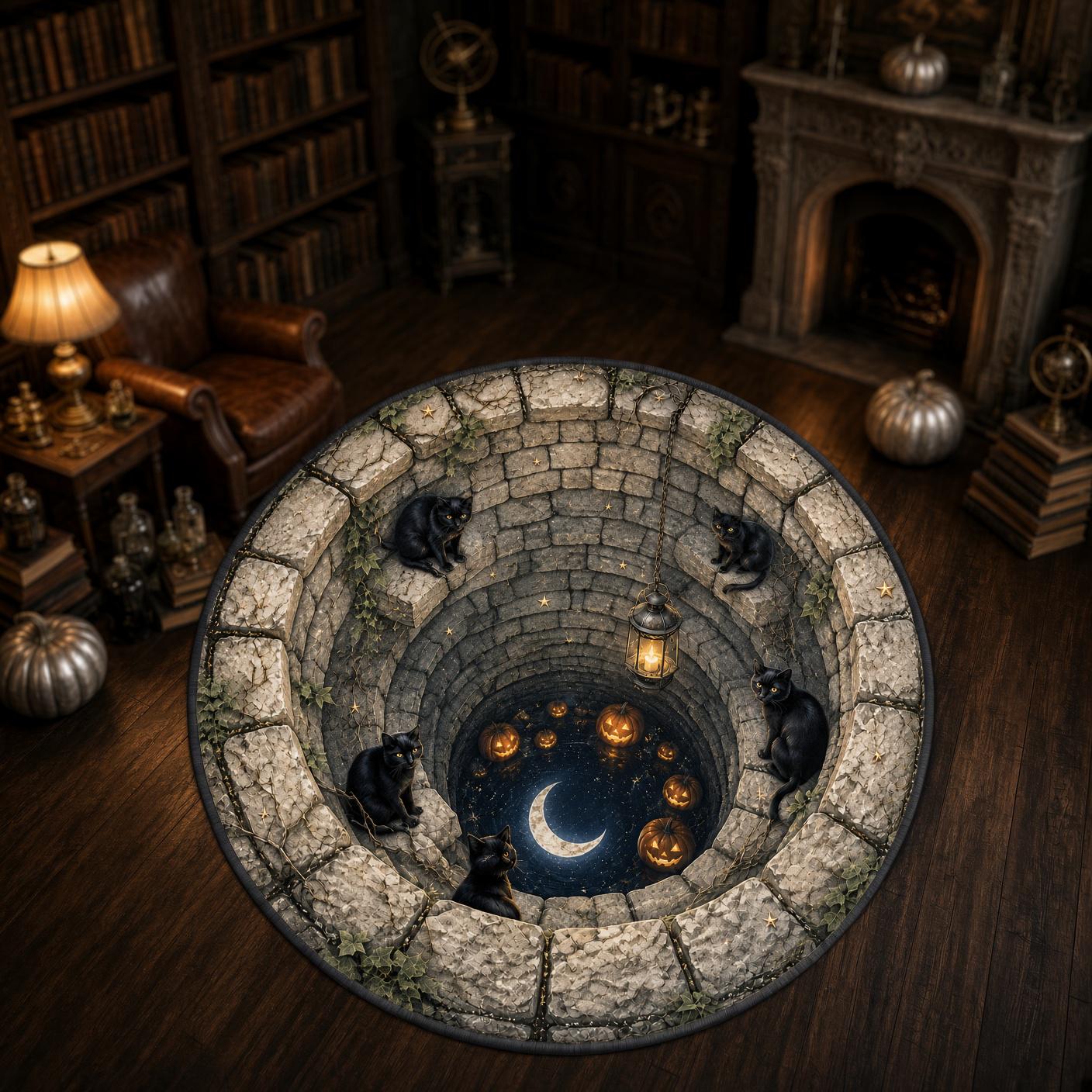 Spooky Witchy Black Cat Halloween Round Rug – 3D Illusion Quilted Moon Well Floor Mat And Home Decor - photo 2
