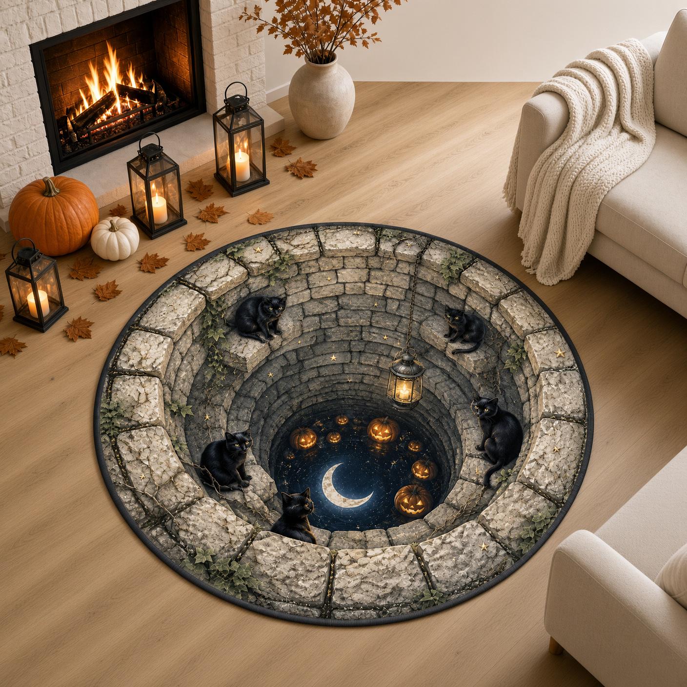 Spooky Witchy Black Cat Halloween Round Rug – 3D Illusion Quilted Moon Well Floor Mat And Home Decor - photo 4