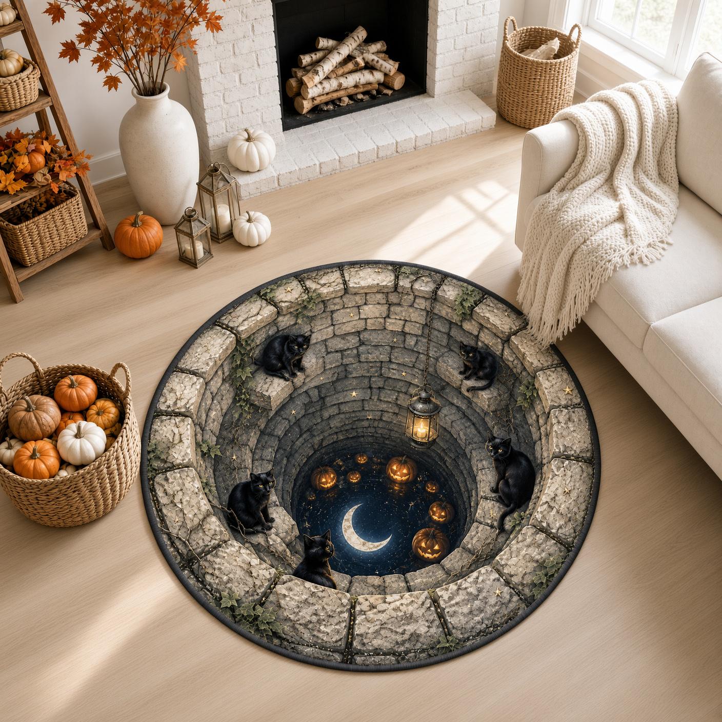 Spooky Witchy Black Cat Halloween Round Rug – 3D Illusion Quilted Moon Well Floor Mat And Home Decor - photo 5