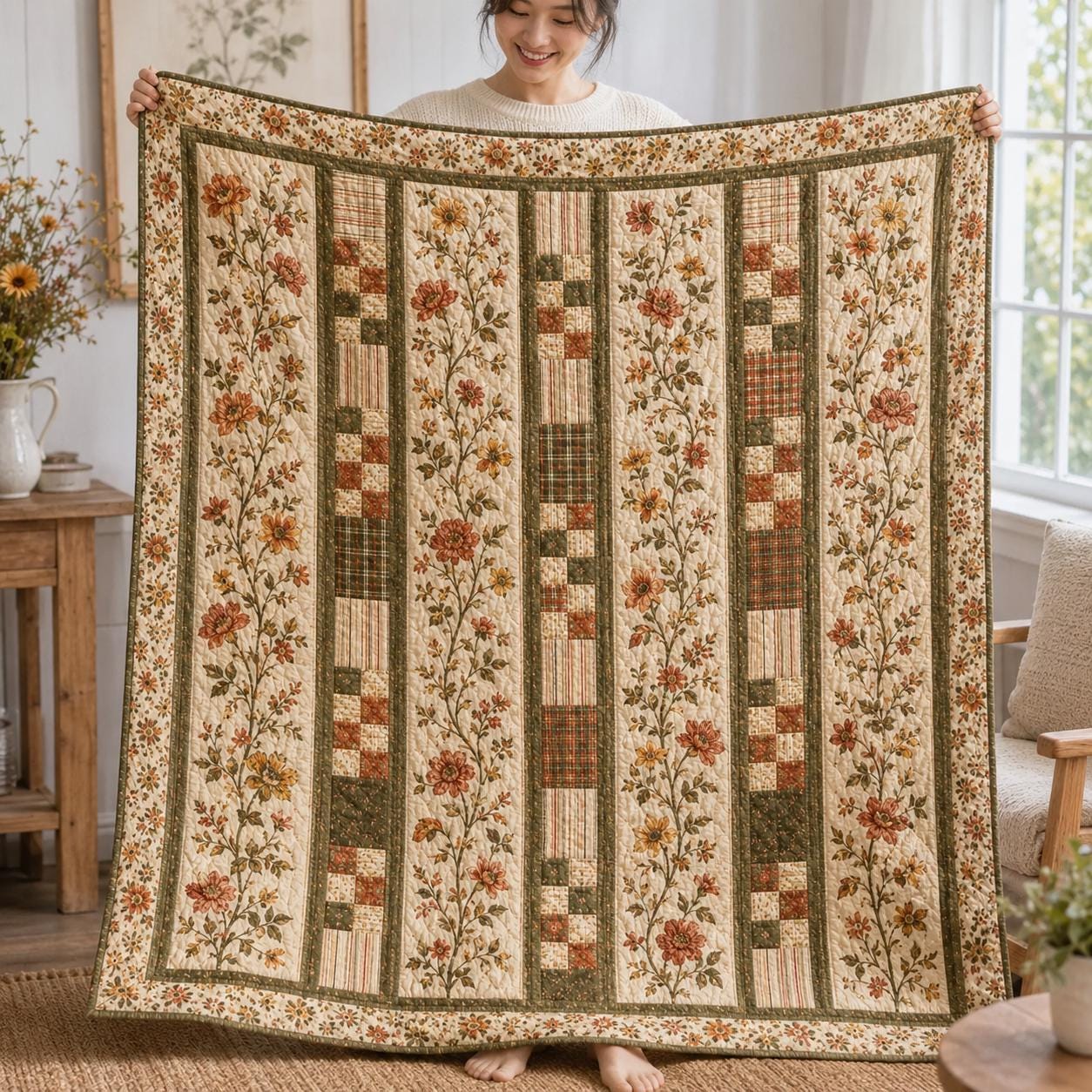 Sunflower Blanket with Floral Patchwork Throw, Farmhouse Quilt Style Blanket, Rustic Autumn Home Decor, and Cottagecore Fall Gift