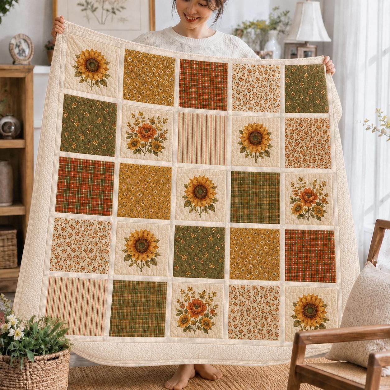 Sunflower Blanket with Floral Patchwork Throw, Farmhouse Quilt Style Blanket, Rustic Autumn Home Decor, and Cottagecore Fall Gift - photo 2