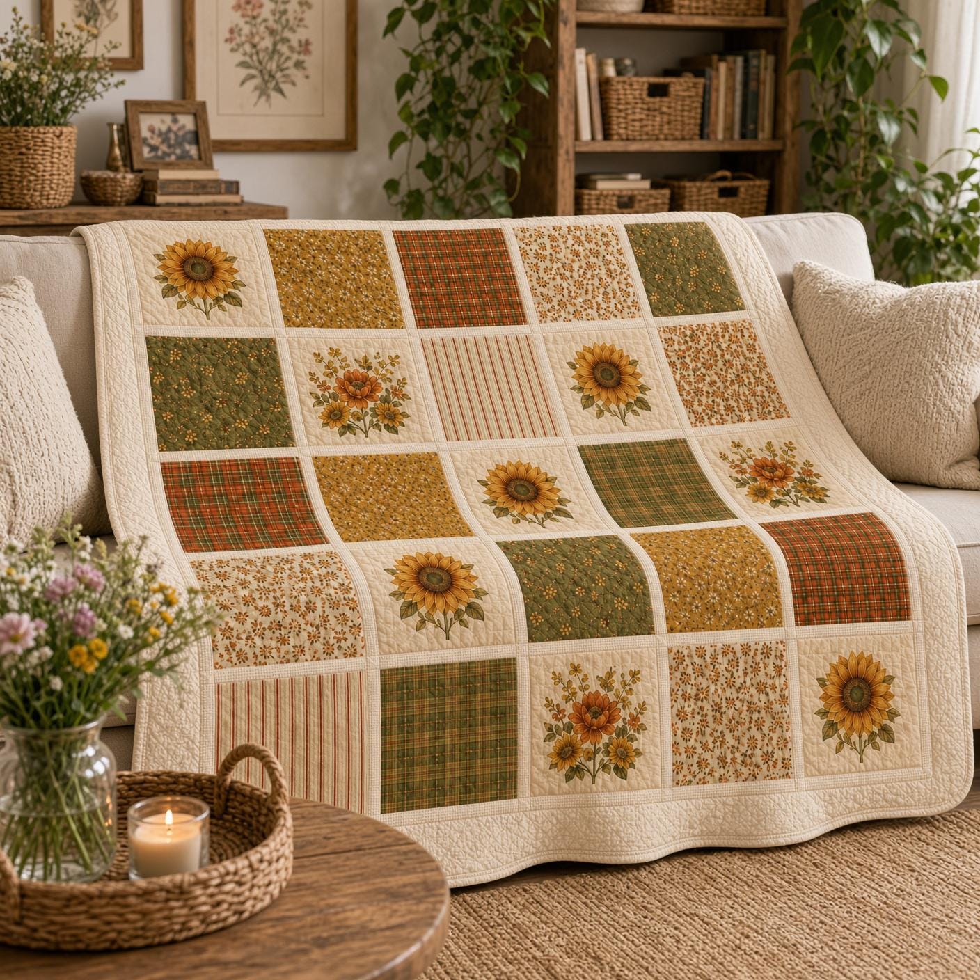 Sunflower Blanket with Floral Patchwork Throw, Farmhouse Quilt Style Blanket, Rustic Autumn Home Decor, and Cottagecore Fall Gift - photo 6