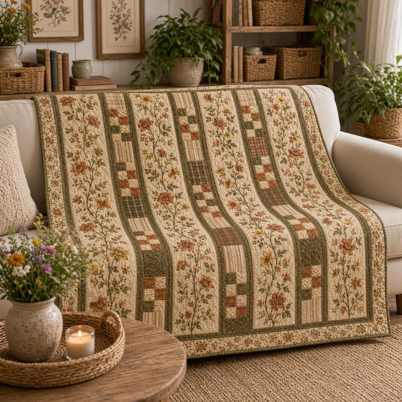 Sunflower Blanket with Floral Patchwork Throw, Farmhouse Quilt Style Blanket, Rustic Autumn Home Decor, and Cottagecore Fall Gift - photo 7