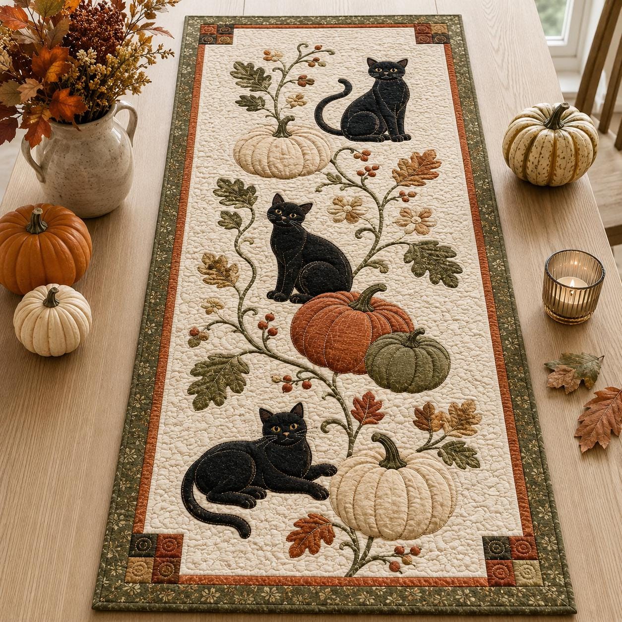 Black Cat Table Runner with Quilt Style Fall Pumpkin Autumn Decor for Halloween Thanksgiving Farmhouse Dining