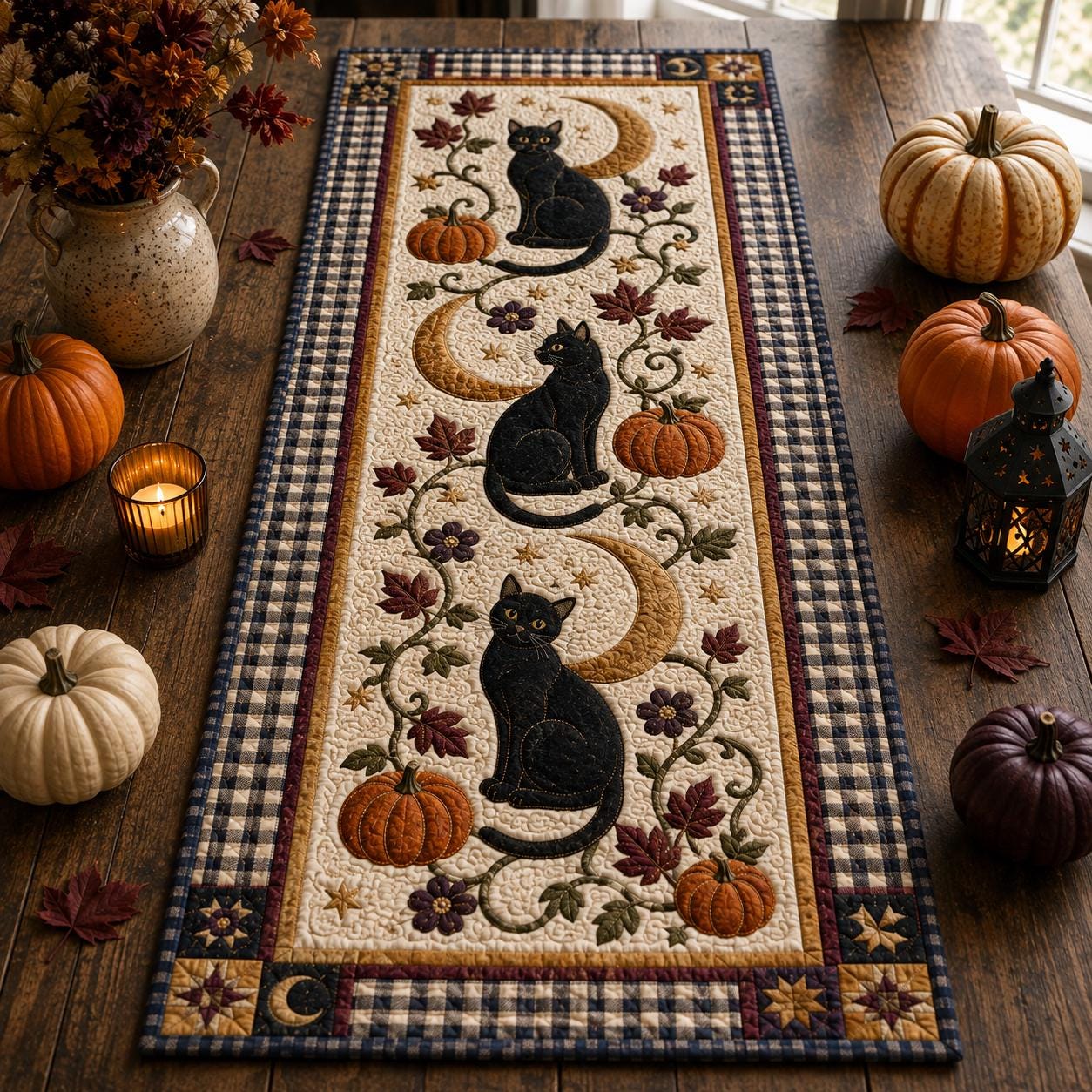 Black Cat Table Runner with Quilt Style Fall Pumpkin Autumn Decor for Halloween Thanksgiving Farmhouse Dining - photo 2