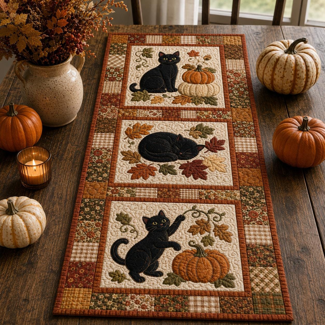 Black Cat Table Runner with Quilt Style Fall Pumpkin Autumn Decor for Halloween Thanksgiving Farmhouse Dining - photo 3