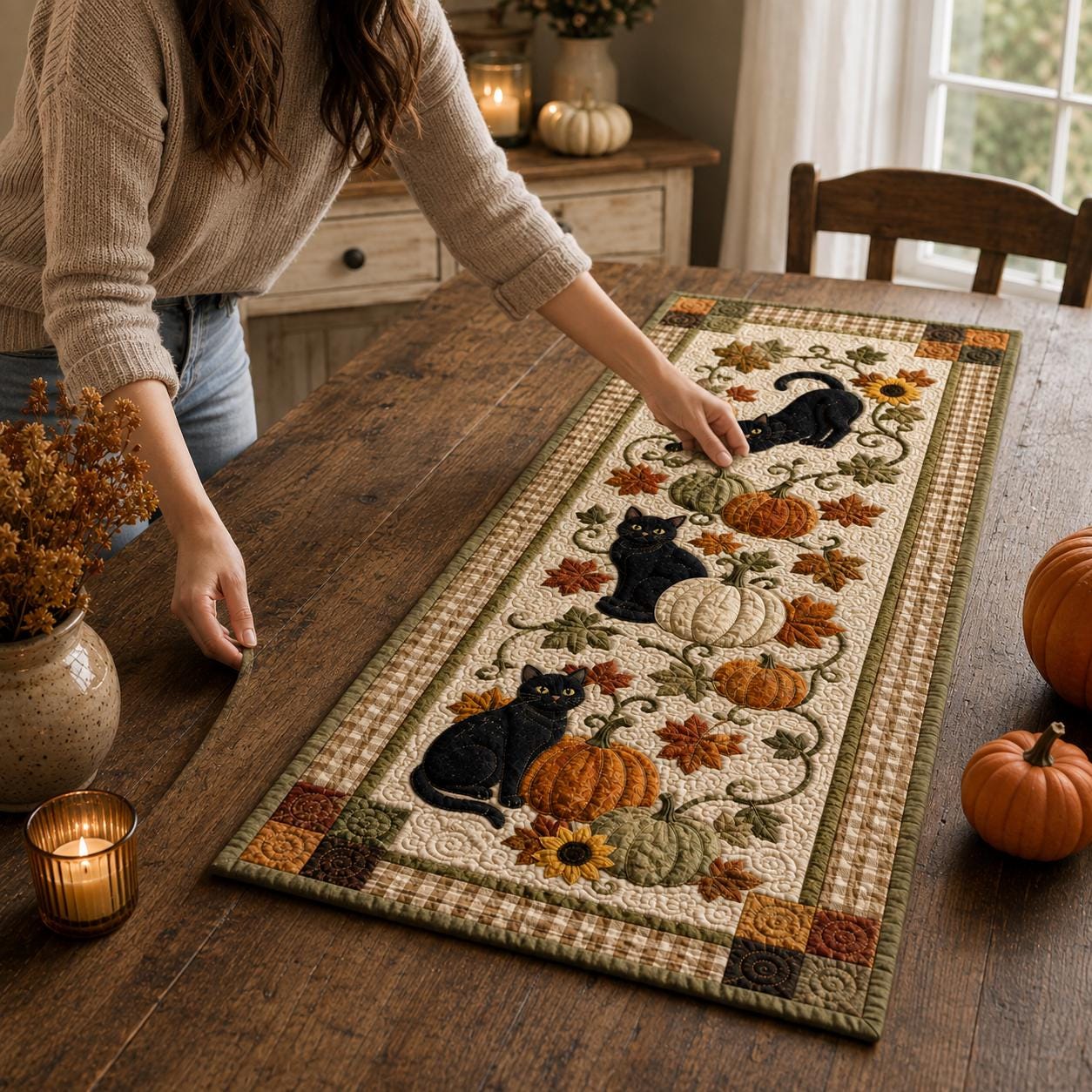 Black Cat Table Runner with Quilt Style Fall Pumpkin Autumn Decor for Halloween Thanksgiving Farmhouse Dining - photo 6
