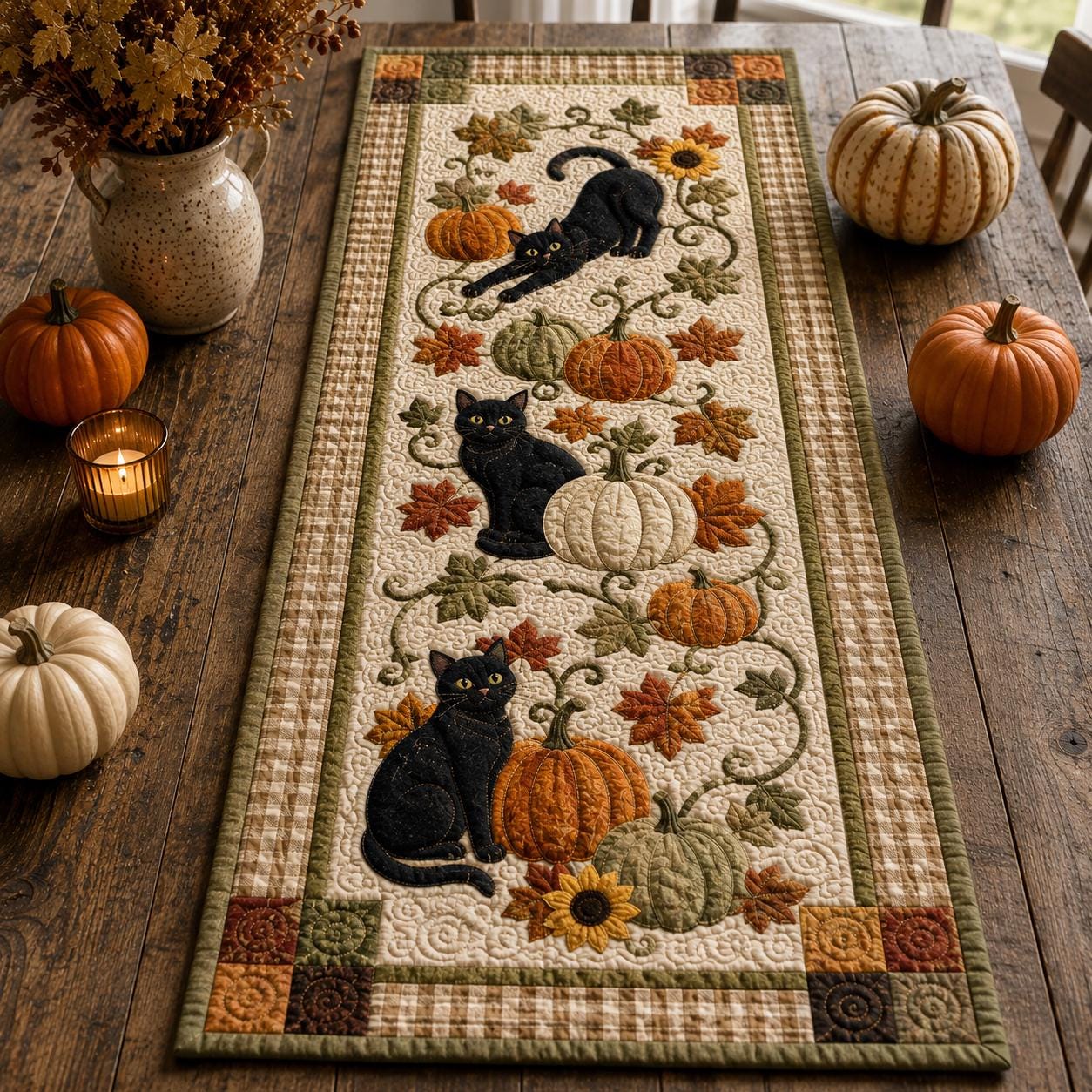 Black Cat Table Runner with Quilt Style Fall Pumpkin Autumn Decor for Halloween Thanksgiving Farmhouse Dining - photo 7