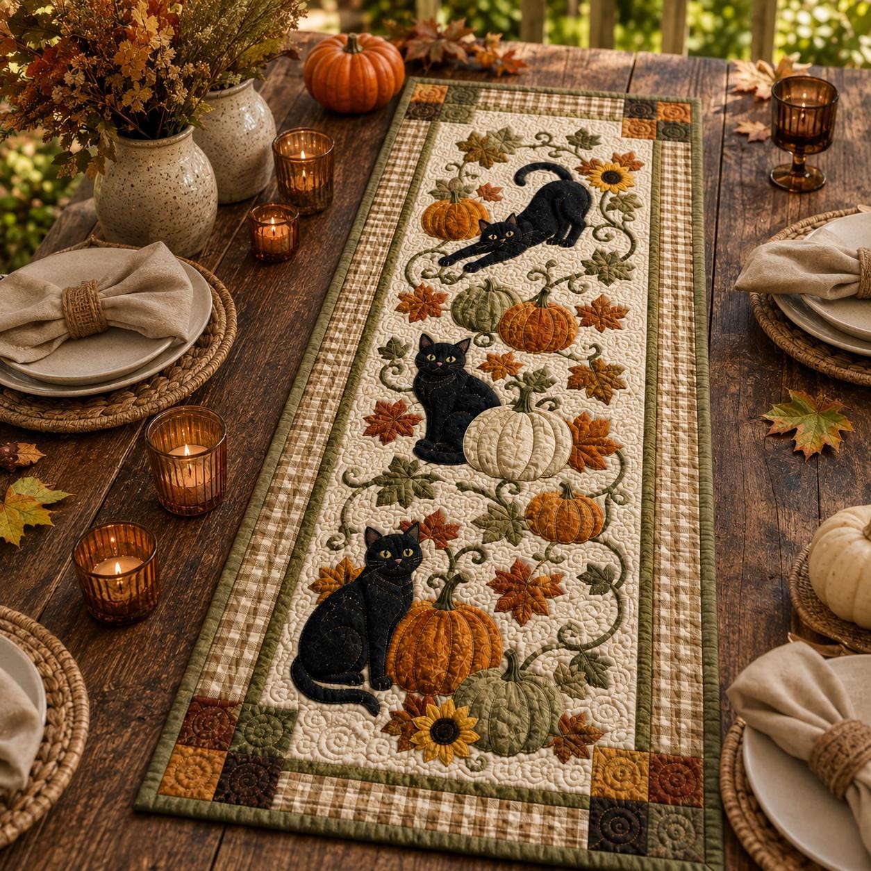 Black Cat Table Runner with Quilt Style Fall Pumpkin Autumn Decor for Halloween Thanksgiving Farmhouse Dining - photo 8