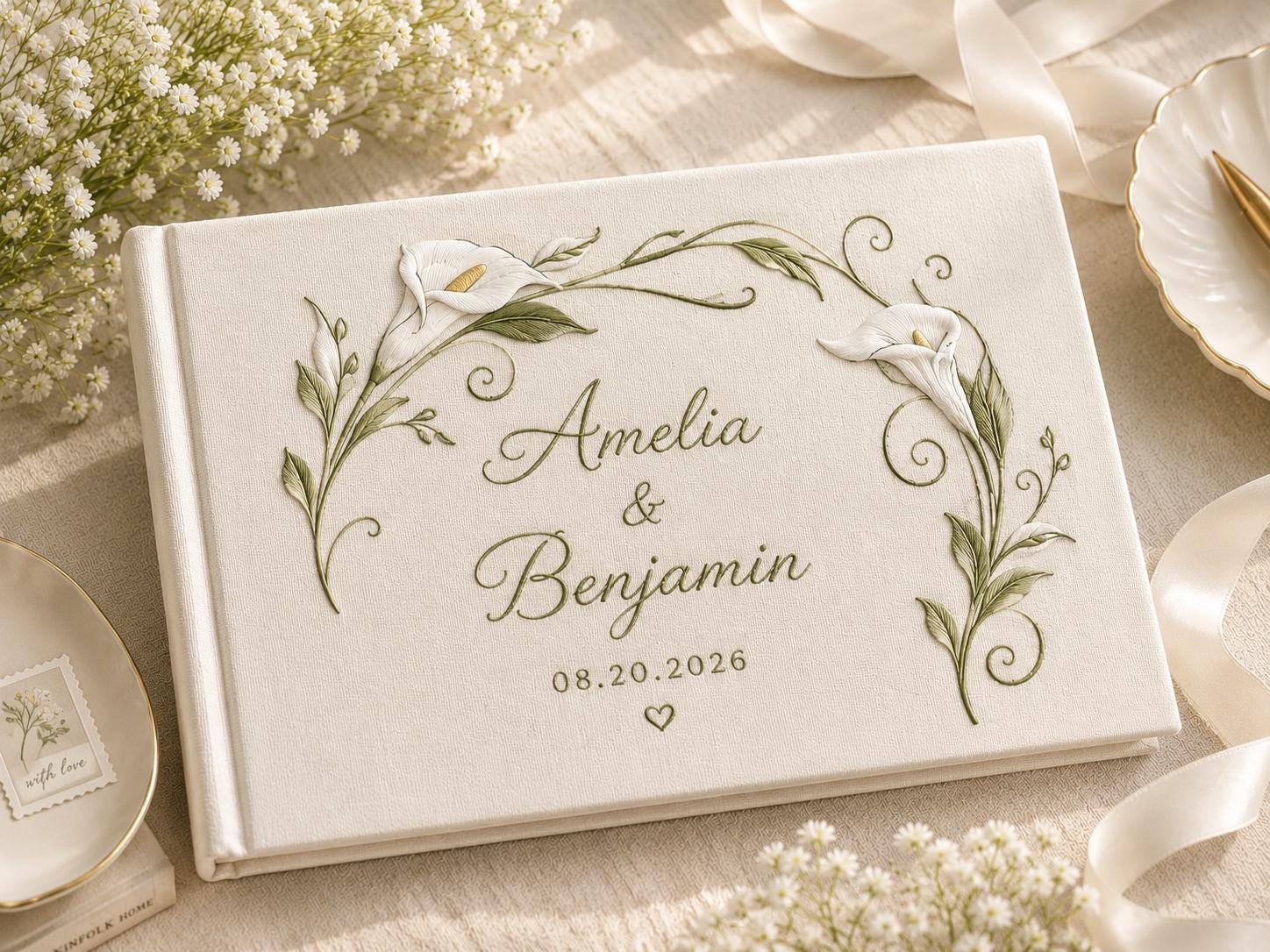 Personalized Handmade Embroidered Wedding Guest Book with Calla Lily Floral Guestbook, Custom Couple Names and Date, Elegant Wedding Keepsake