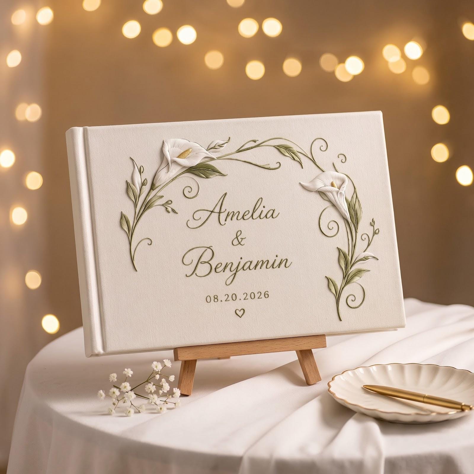 Personalized Handmade Embroidered Wedding Guest Book with Calla Lily Floral Guestbook, Custom Couple Names and Date, Elegant Wedding Keepsake - photo 2