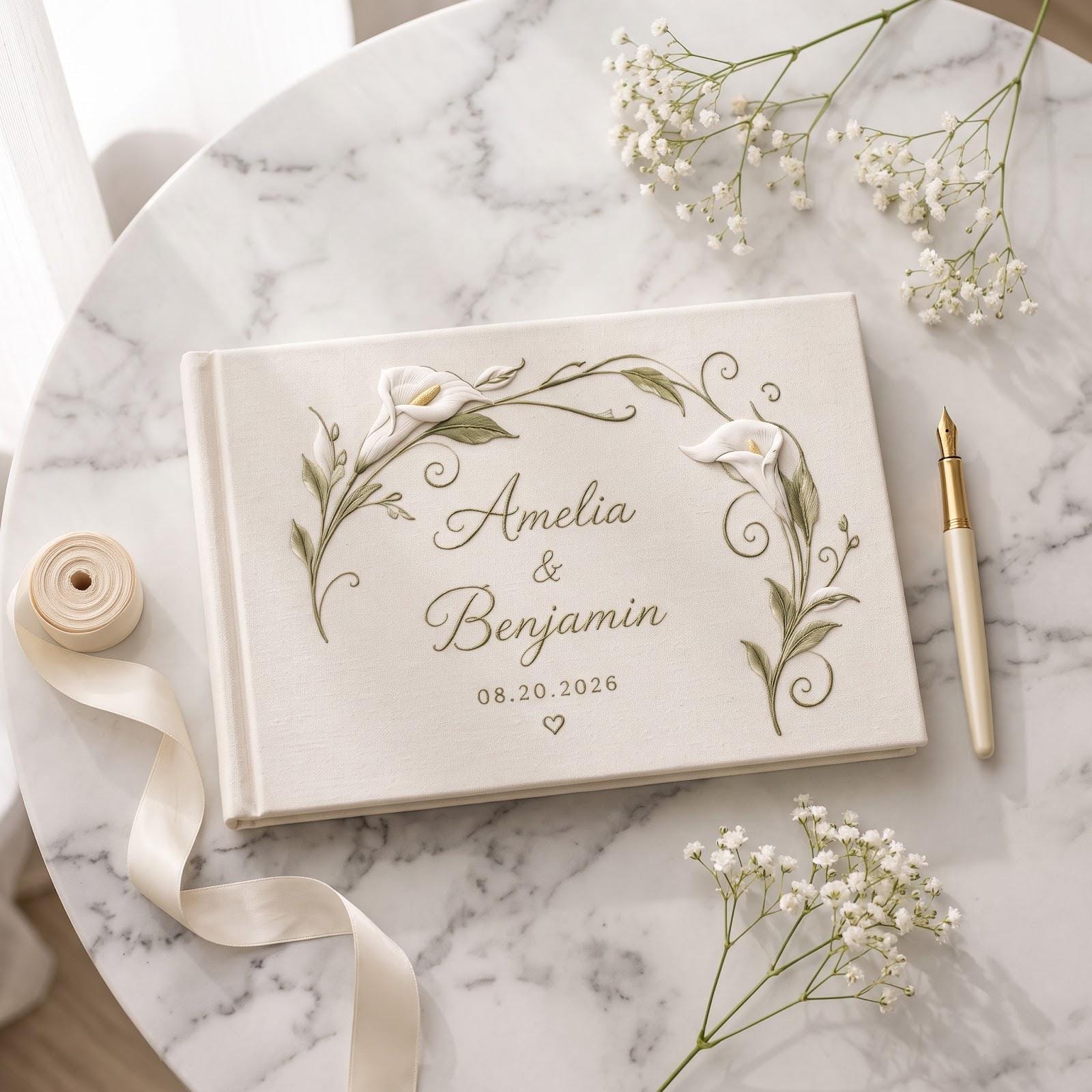 Personalized Handmade Embroidered Wedding Guest Book with Calla Lily Floral Guestbook, Custom Couple Names and Date, Elegant Wedding Keepsake - photo 7