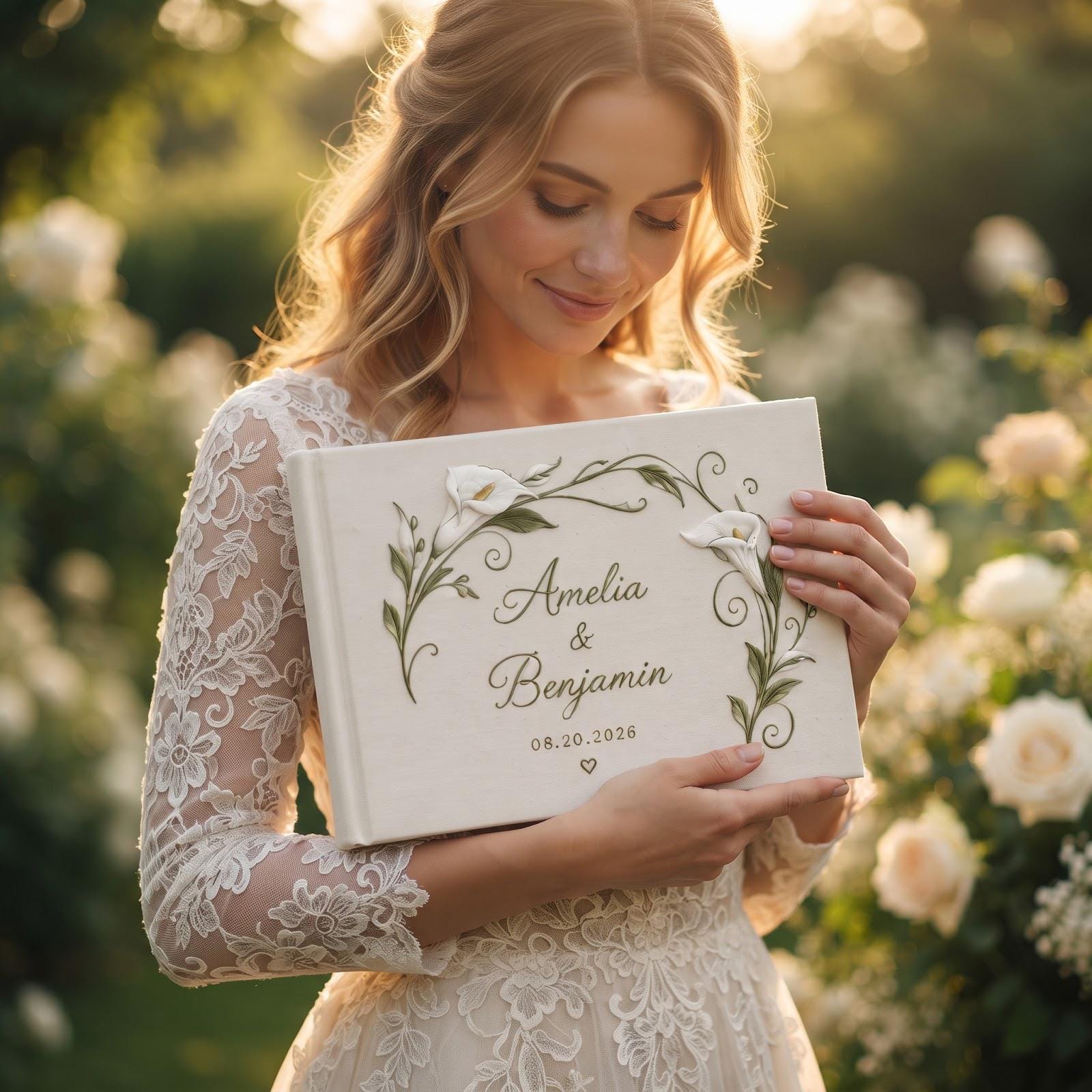 Personalized Handmade Embroidered Wedding Guest Book with Calla Lily Floral Guestbook, Custom Couple Names and Date, Elegant Wedding Keepsake - photo 8