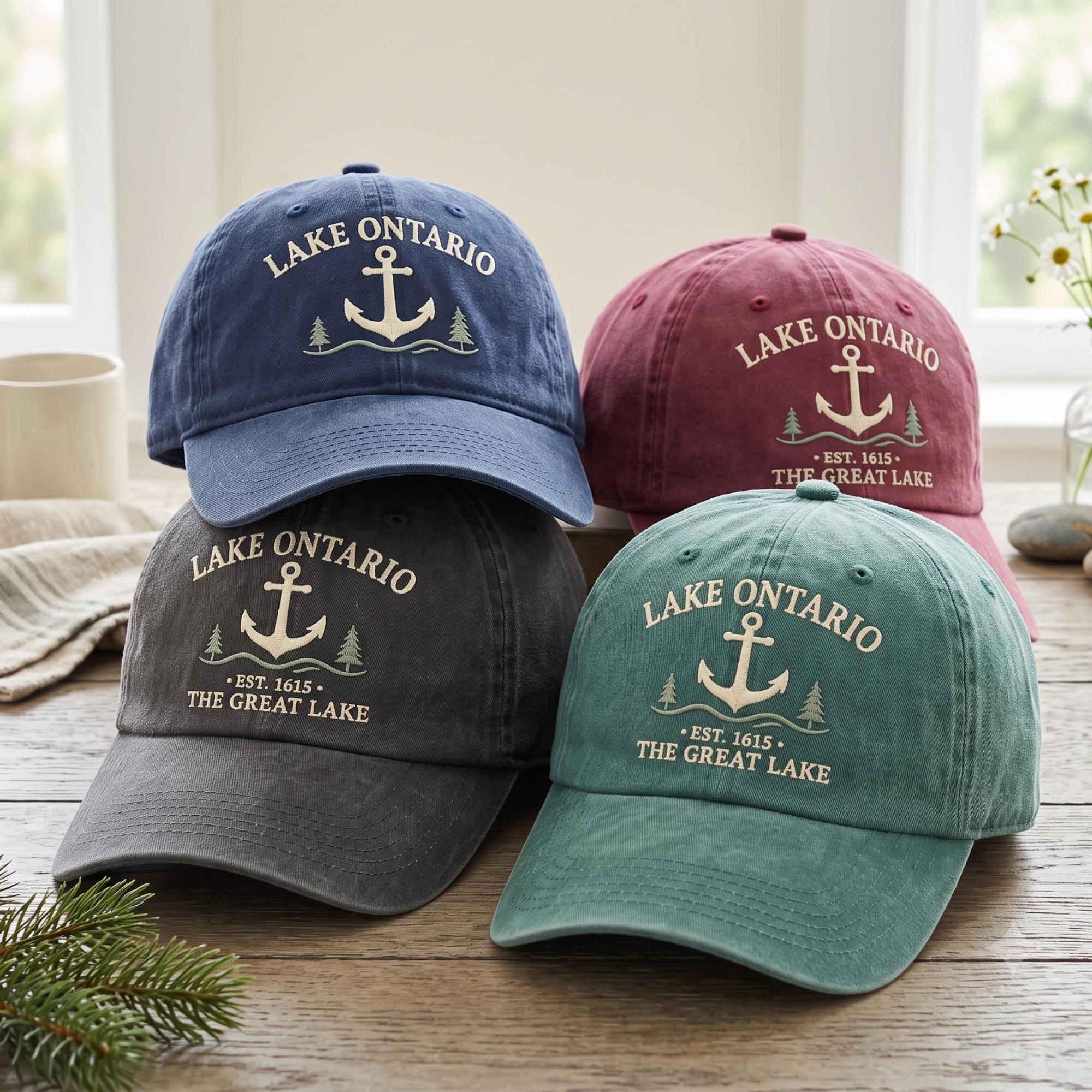 Lake Ontario Anchor Embroidered Dad Hat – Vintage Great Lakes Canada Cap, Nautical Boating Cottage Gift For Lake Life