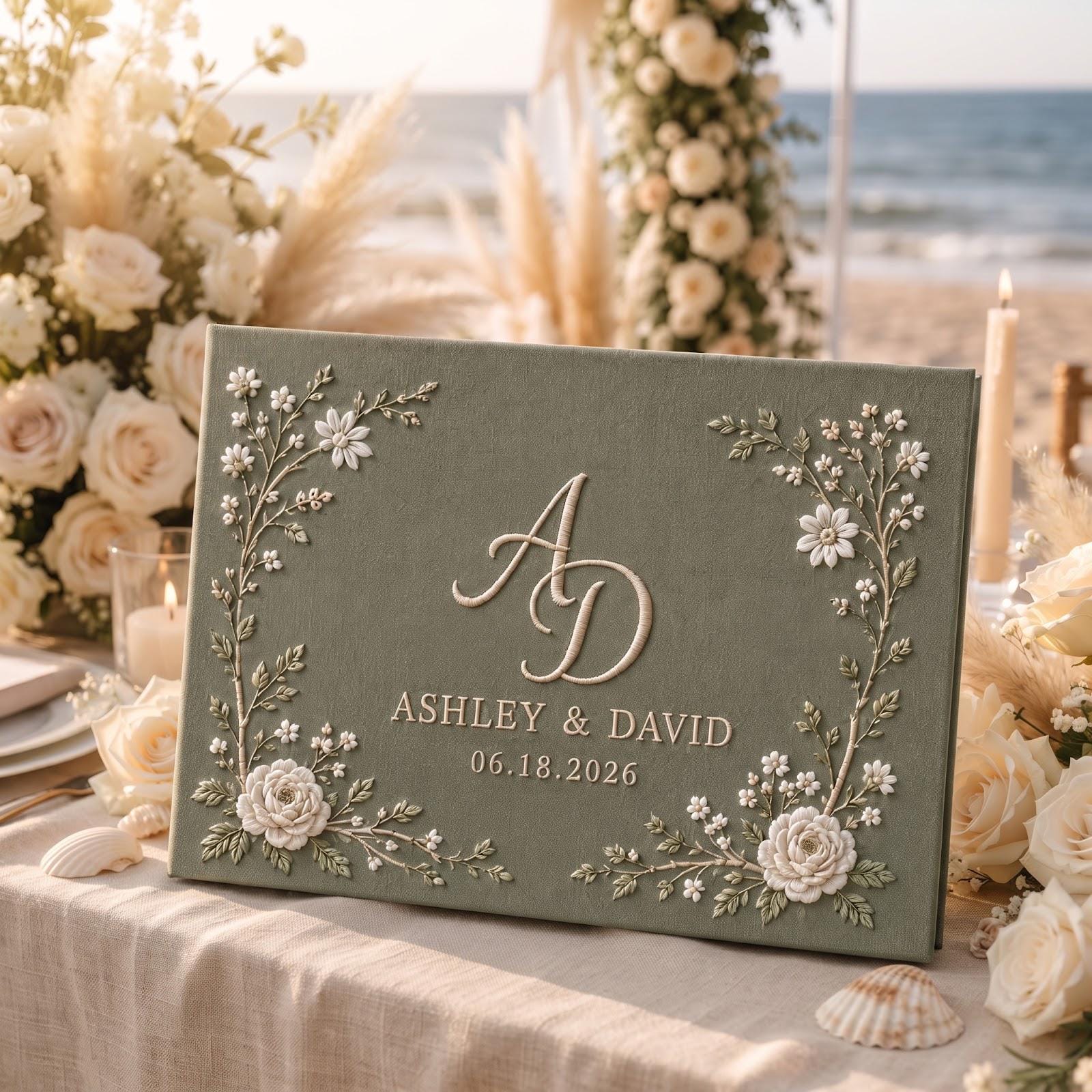 Personalized Handmade Embroidered Wedding Guest Book with Sage Green Floral Monogram Guestbook, Custom Initials Names and Date, Wedding Keepsake
