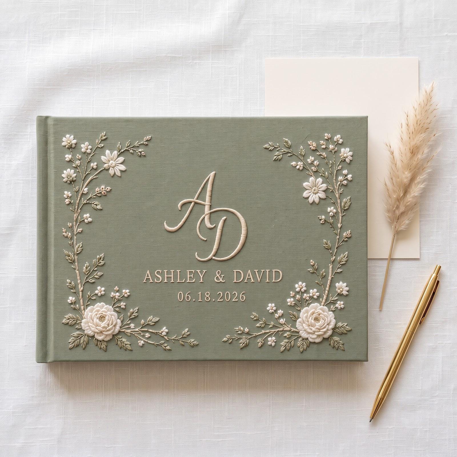 Personalized Handmade Embroidered Wedding Guest Book with Sage Green Floral Monogram Guestbook, Custom Initials Names and Date, Wedding Keepsake - photo 2