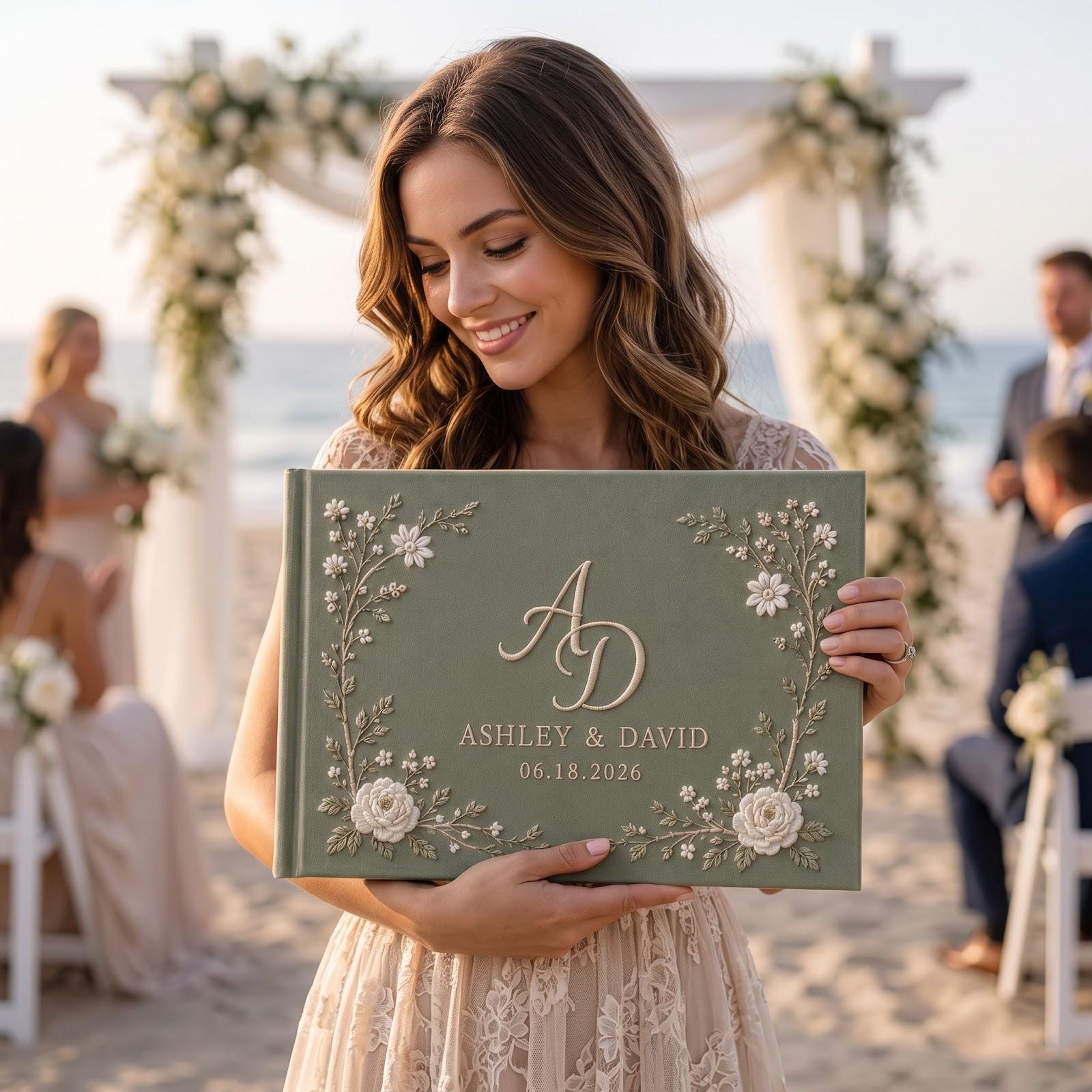 Personalized Handmade Embroidered Wedding Guest Book with Sage Green Floral Monogram Guestbook, Custom Initials Names and Date, Wedding Keepsake - photo 7