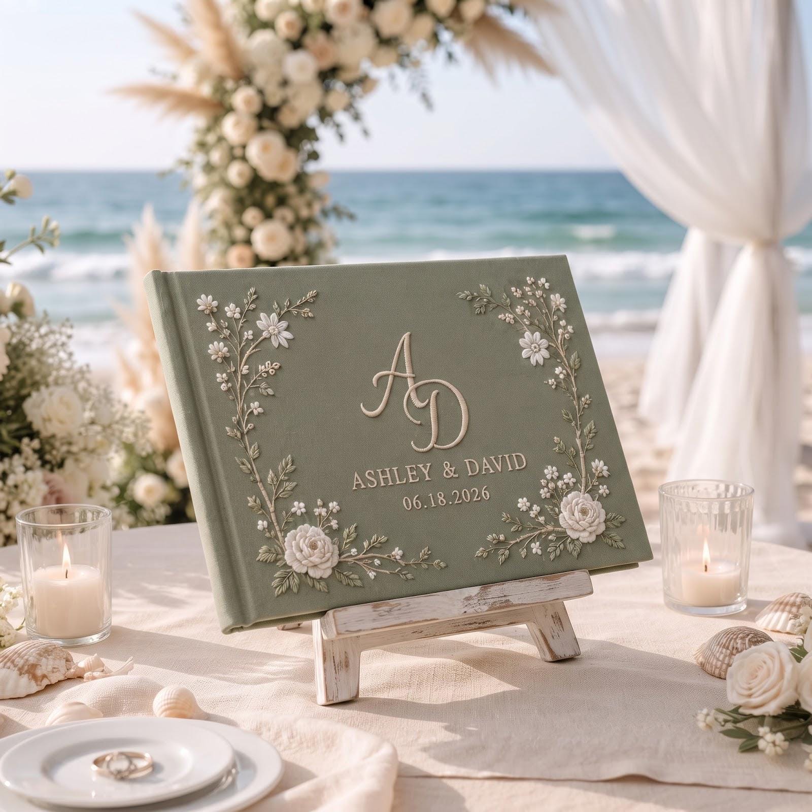 Personalized Handmade Embroidered Wedding Guest Book with Sage Green Floral Monogram Guestbook, Custom Initials Names and Date, Wedding Keepsake - photo 8