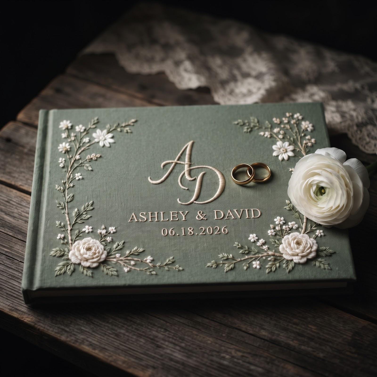Personalized Handmade Embroidered Wedding Guest Book with Sage Green Floral Monogram Guestbook, Custom Initials Names and Date, Wedding Keepsake - photo 9