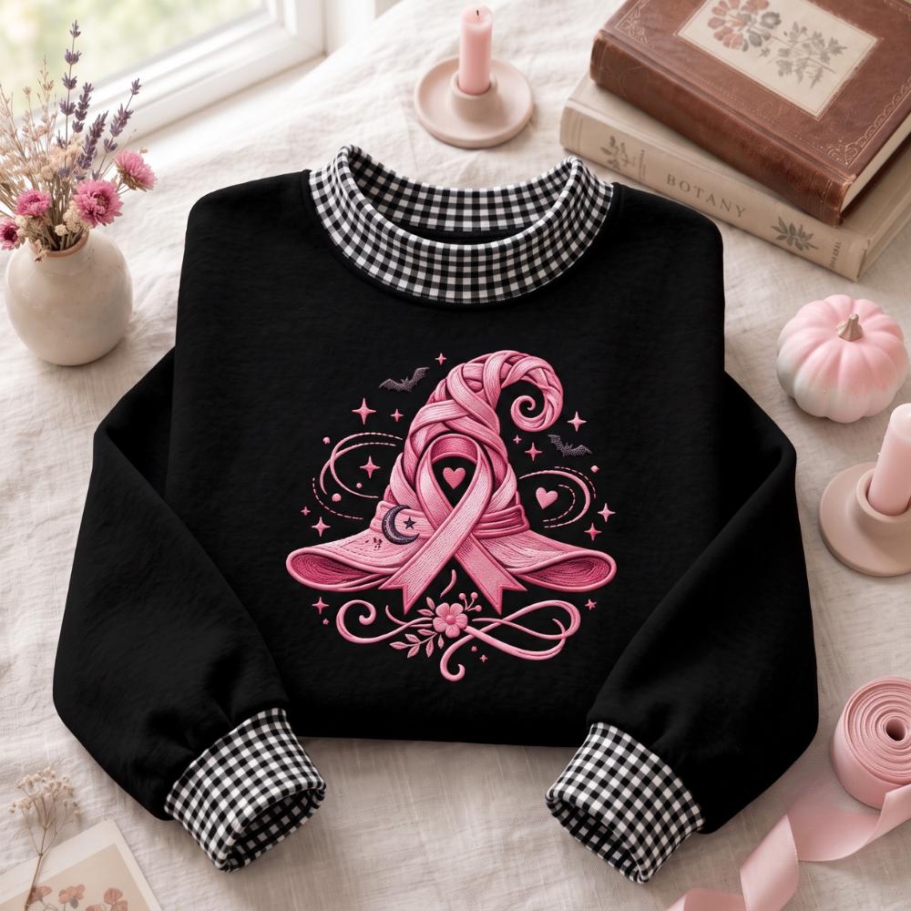 Embroidered Breast Cancer Awareness Witch Halloween Sweatshirt – Floral Pink Ribbon Sweater, Support Shirt And Survivor Gift For Women