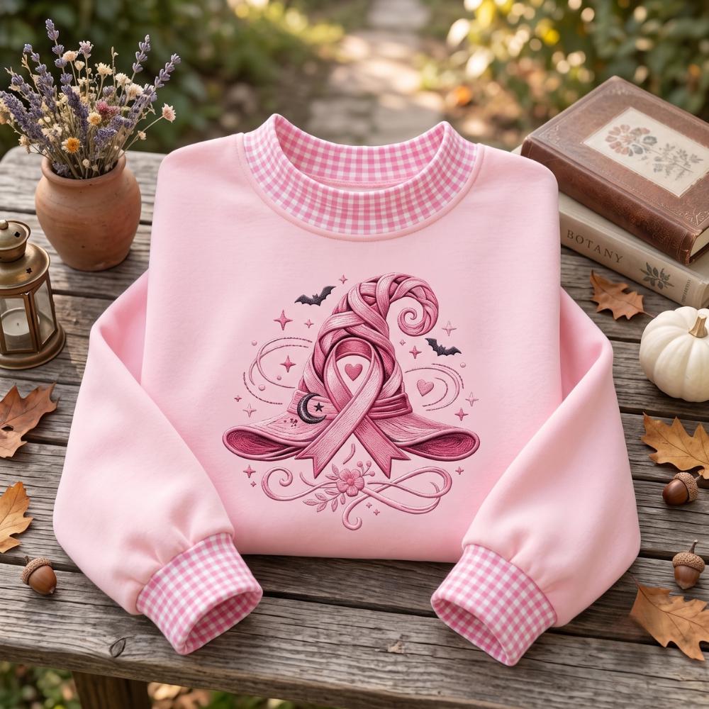 Embroidered Breast Cancer Awareness Witch Halloween Sweatshirt – Floral Pink Ribbon Sweater, Support Shirt And Survivor Gift For Women - photo 2